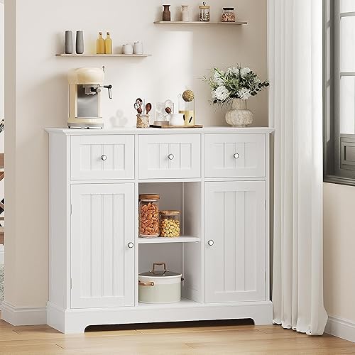 ChooChoo Buffet Cabinet, Coffee Bar with Drawers and Doors, Sideboard Storage with Shelves for Kitchen, Dining Room, Living Room, White