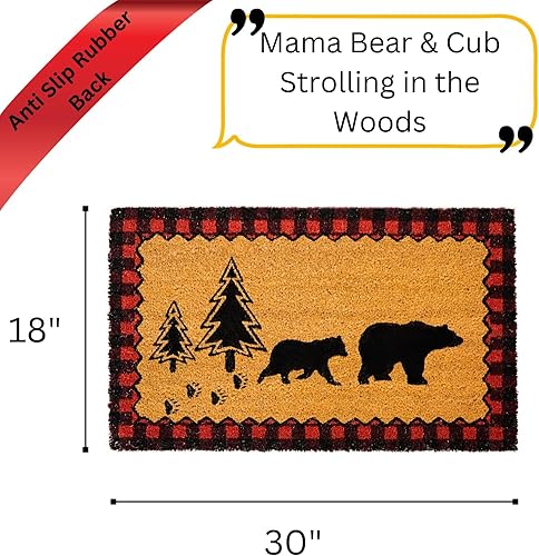 Miniatura 3 de Tapete de fibra de coco  Mama Bear con cachorro en el bosque con borde rojo a cuadros  Decoración del hogar temática de cabaña, tapete de bienvenida