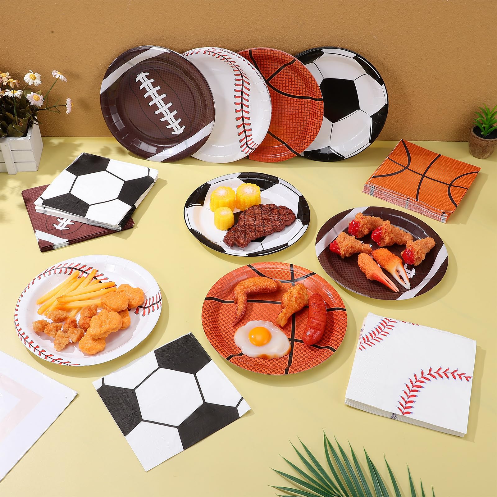Ipetboom Set di Piatti di Carta Resistenti alle Perdite per Feste Sportive Design Coordinato senza Necessità di Lavaggio, per Compleanni a Tema Calcio e Basket