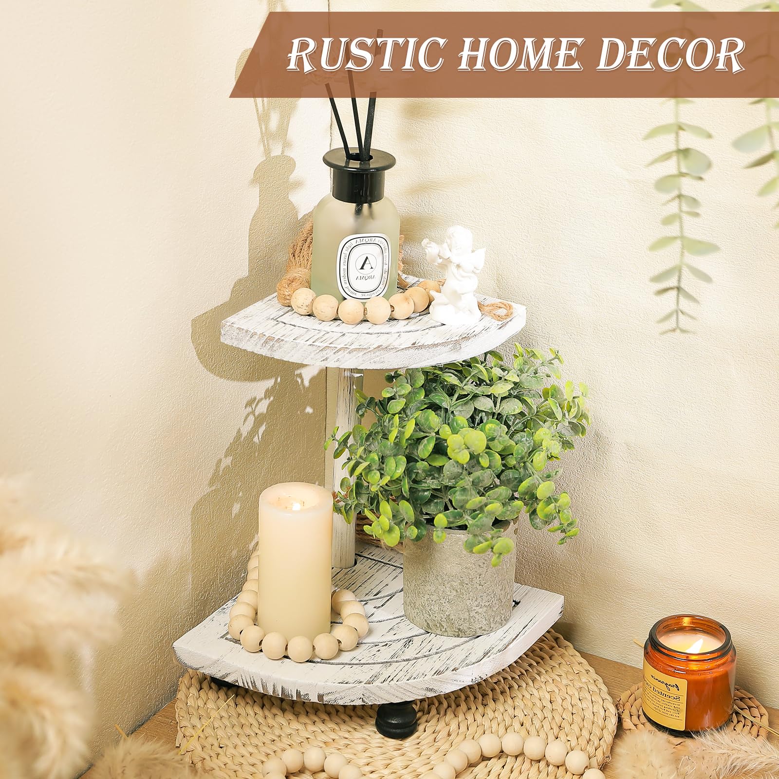 Tikea Elevadores decorativos de madera para exhibición, paquete de 2 estantes esquineros de granja para decoración de encimera de cocina, baño, soporte de pedestal para dispensador de jabón, velas y