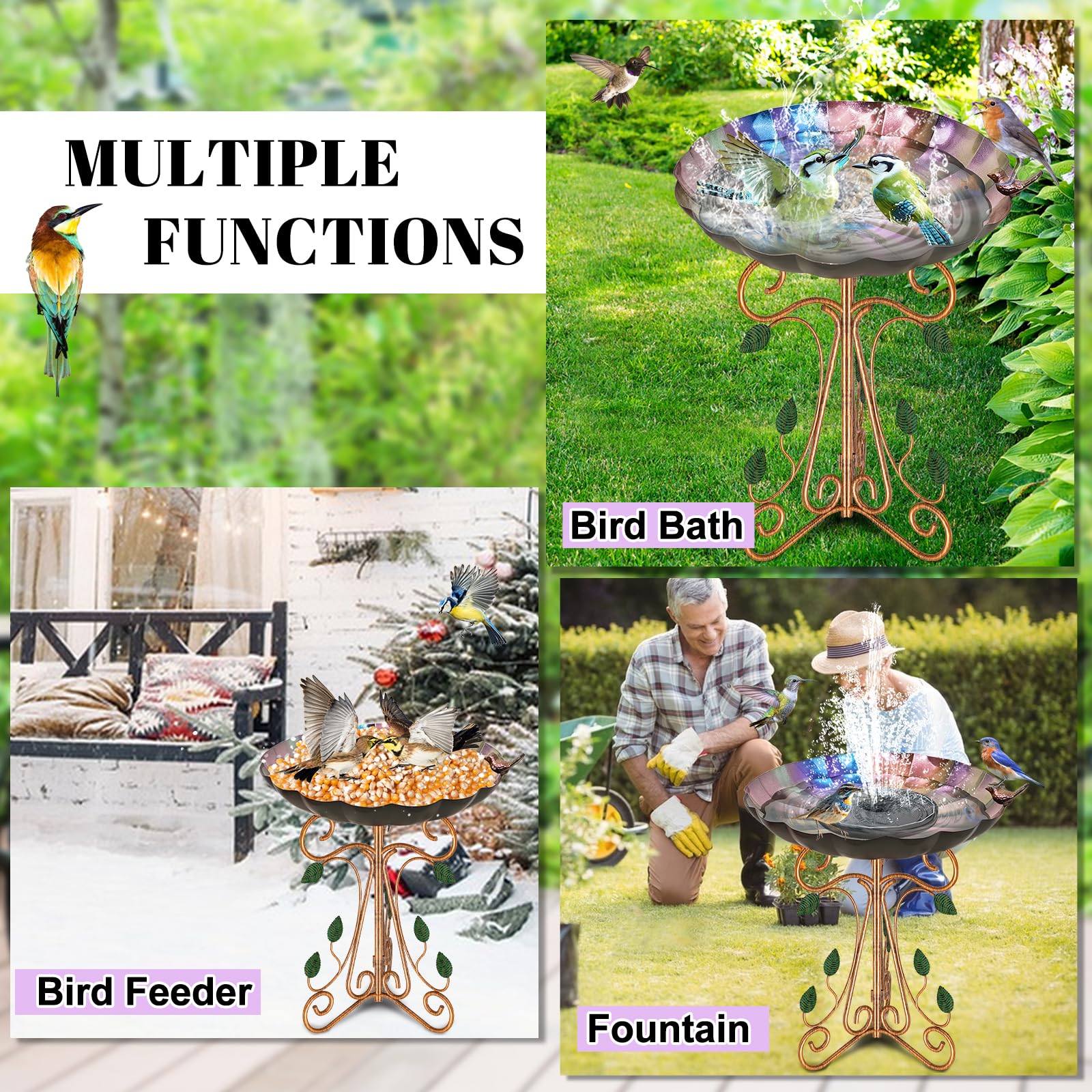 Bañera de Metal Vintage para pájaros al Aire Libre diámetro 33 cm Cuenco de baño para pájaros con Pedestal de Hierro Fundido, comedero Grande Antiguo para pájaros con asa Plegable para jardín, Patio