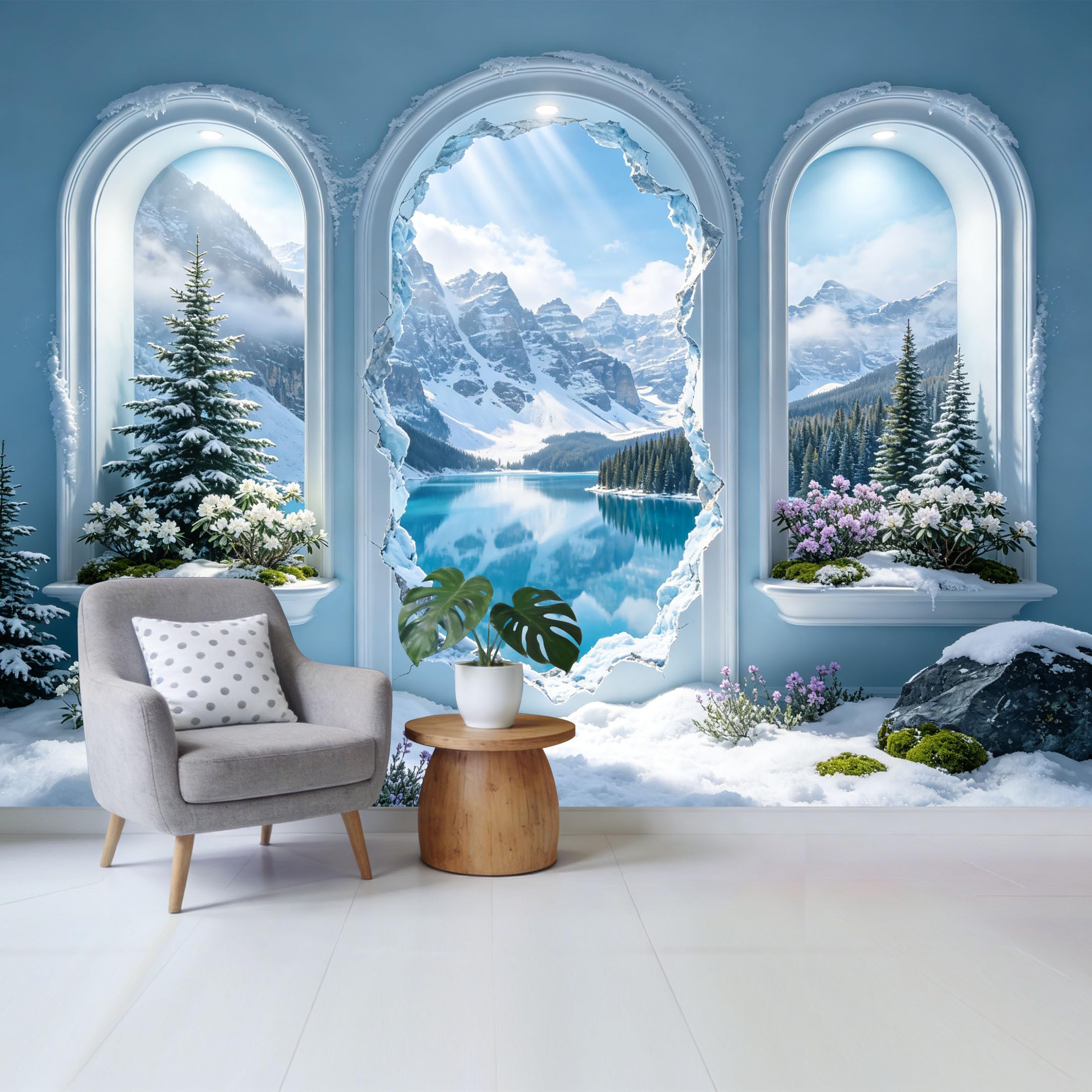 Custom Size Wall Mural Frozen Mountain Lake View 3D Window Trompe l’Oeil Landscape Removable Self Adhesive Fabric Home Wall Decor for Living Room Bedroom Bathroom