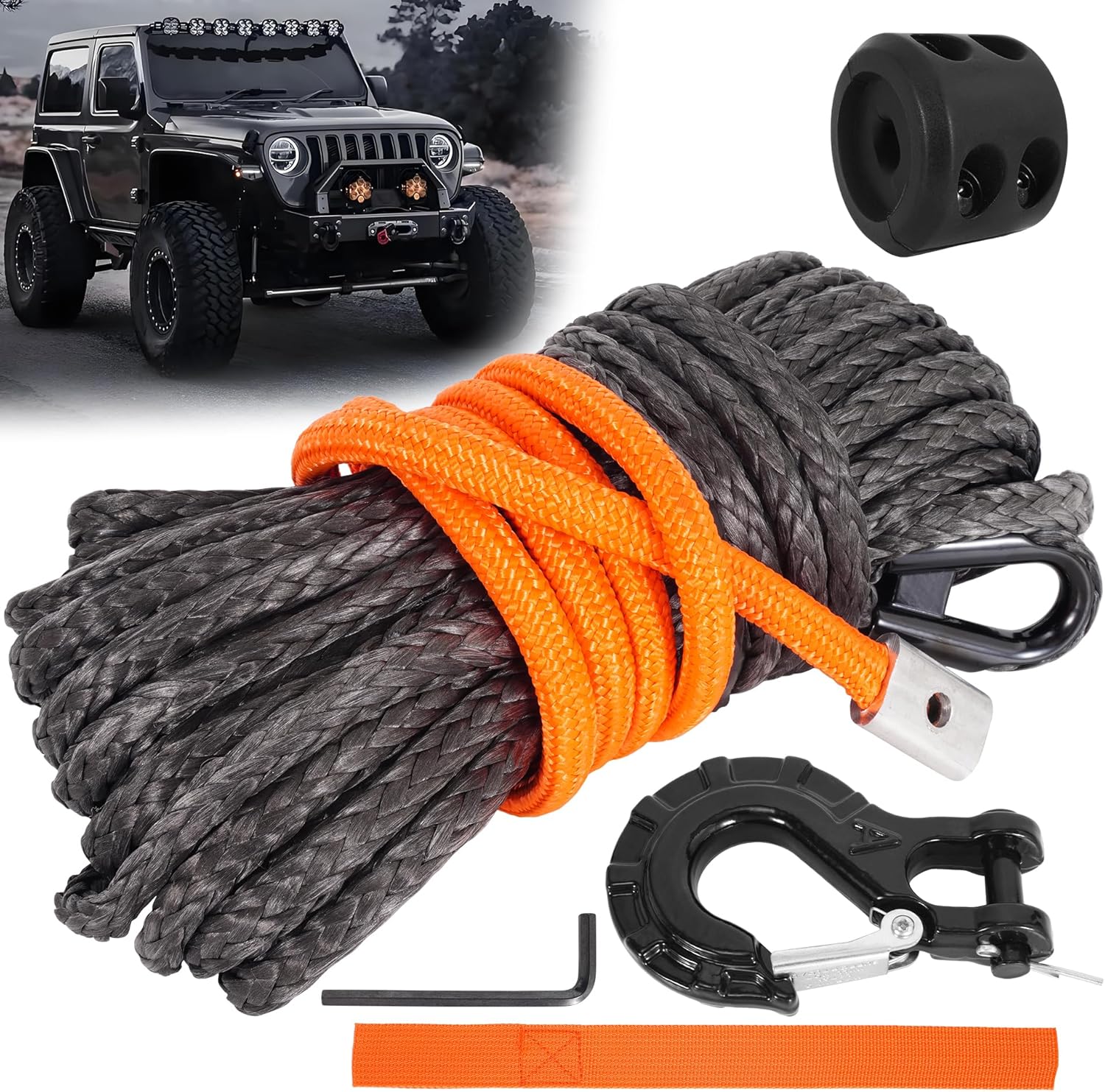 RUHUO 合成ウインチロープキット、1/4インチ x 50フィート ウインチケーブル 保護スリーブ付き、高耐久ウインチフックとラバ