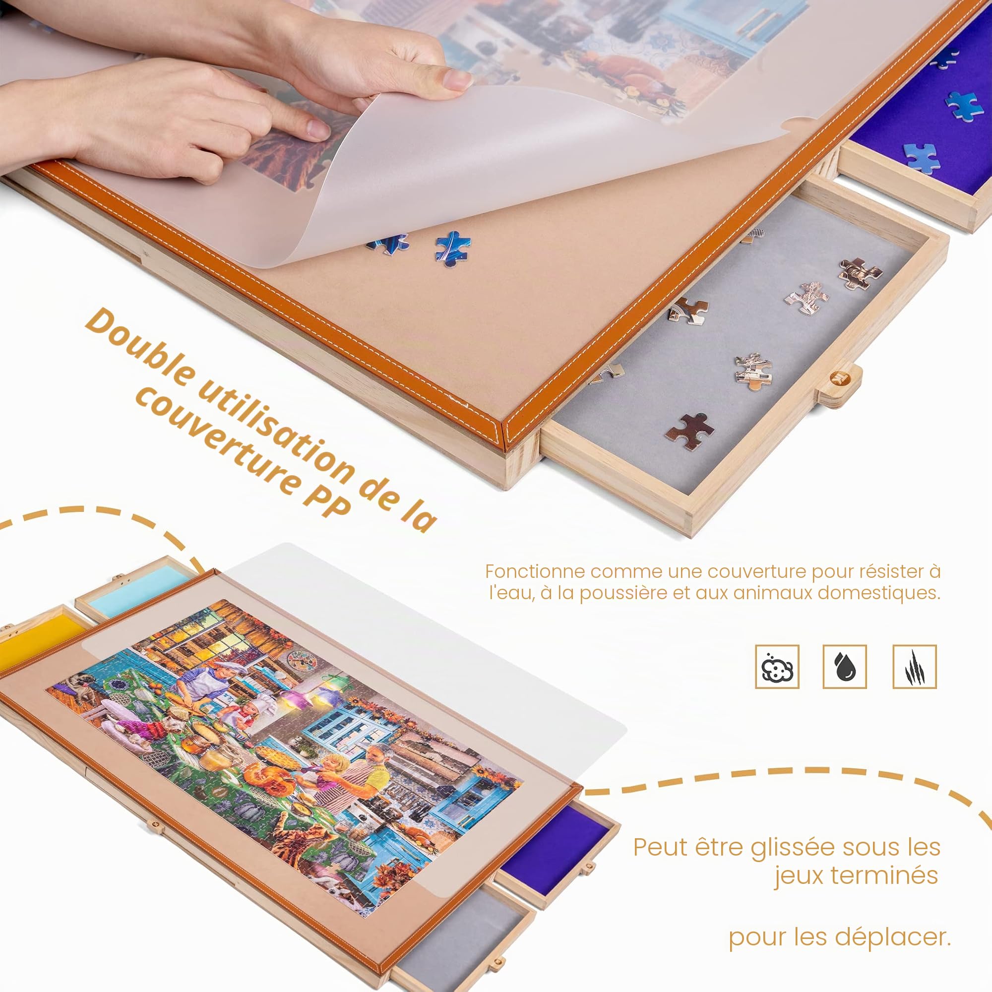 Tektalk Table de Puzzle en Cuir avec Plateaux de Rangement et de tri en Bois Plateau de Puzzle Portable avec Support et Couvercle, pour jusqu'à 1000/1500 pièces
