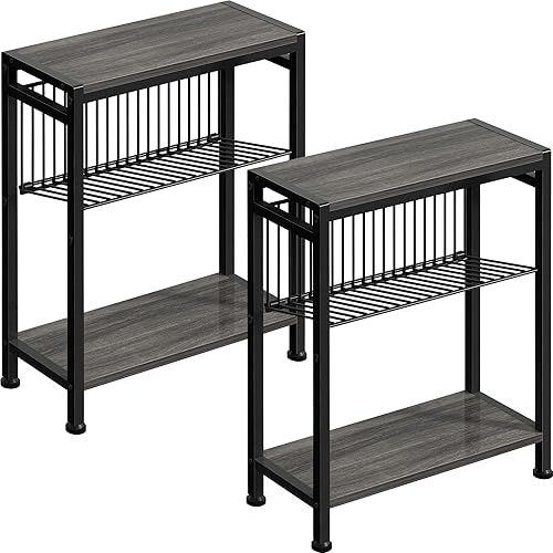 Miniatura 21 de Mesa auxiliar para espacios pequeños, mesa auxiliar estrecha de 3 niveles con soporte para revistas, pequeña mesita de noche, mesa auxiliar delgada