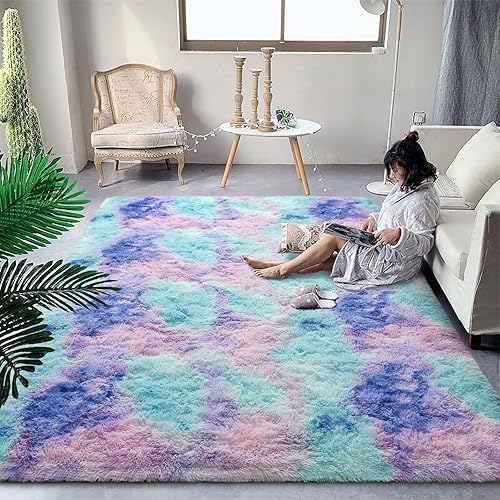 Miniatura 5 de DweIke Alfombras Esponjosas de Arcoíris para Dormitorio, Sala de Estar, 5 x 8 Pies, Felpa Suave Peluda Multicolor Azul Púrpura para Niñas y Niños,