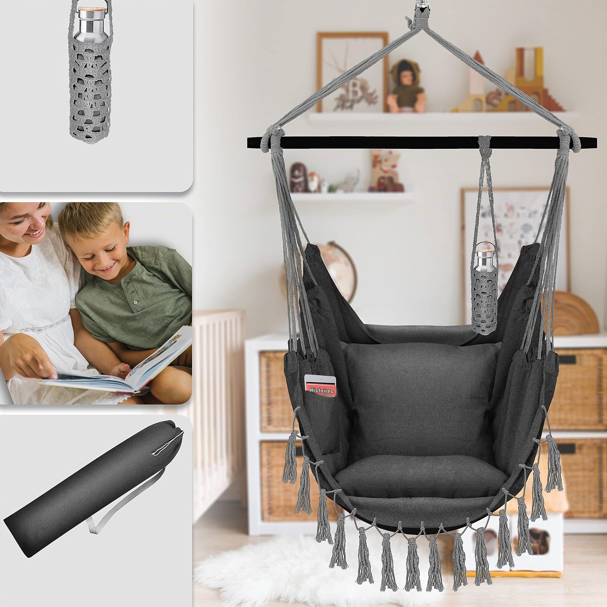 KESSER® Fauteuil Suspendu avec 2 Coussins, Porte-gobelet et Rangement pour Livres | Fauteuil Suspendu Safari XXL pour Adultes et Enfants | Hamac d'une Charge Maximum de 150 kg | Anthracite