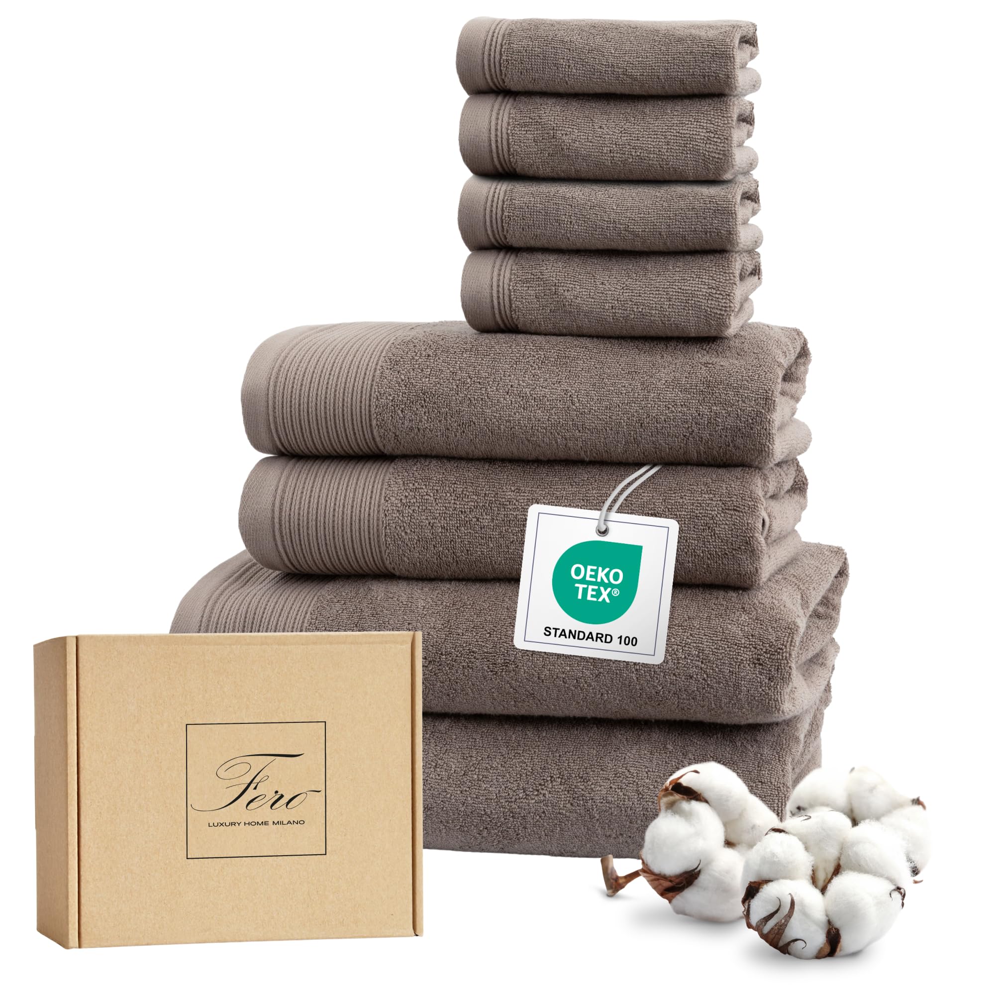 Ferò Juego de Toallas de 8 Piezas 100% Algodón Premium Low Twist 550 g/m², Ultra Suaves, Oeko-Tex, Diseño Italiano, 2 Toallas de Baño, 2 Manos, 4 Toallitas, 70x140, 50x100 & 30x30 cm, Taubengrau