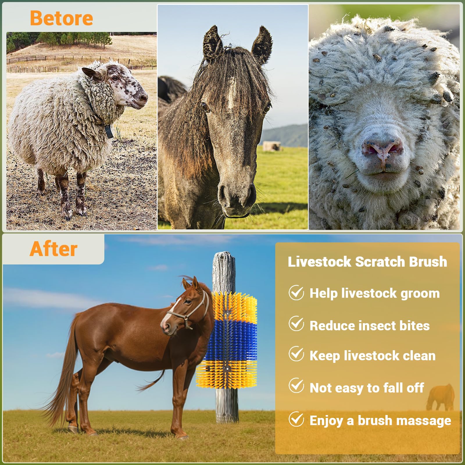 GarveeTech Set di 2 spazzole per la cura dei peli e dei cavalli e degli animali da fattoria, utilizzabili su entrambi i lati per la pulizia della schiena e alleviare il prurito, incluse viti di