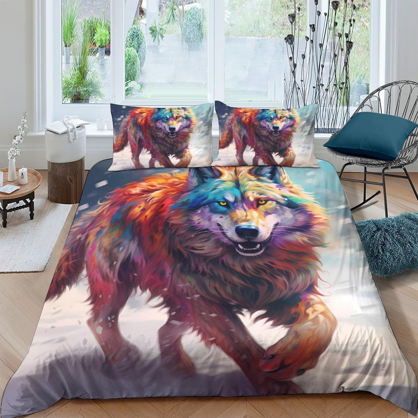 Ctjqhvkz Style-7 3D Printed Colorful Wolf Fitted Sheet Microfiber Soft Artistic Wild Animal Bed Cover For Bedroom Guestroom Decor Single（135X200cm）
