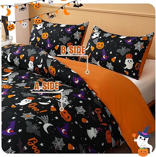 Miniatura 4 de Luxudecor Juego de funda de edredón de Halloween, tamaño Queen, diseño de telaraña, murciélago, calabaza, murciélago, telaraña, reversible, funda de