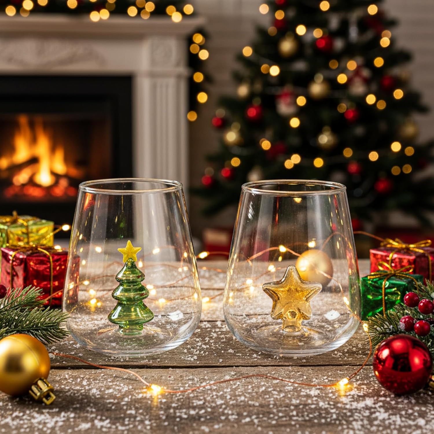 2 Set Christmas Tree and Star Stemless Wine Glass Christmas 15 oz Drinking Glasses for Dinner Party Birthday Holiday - Image 5