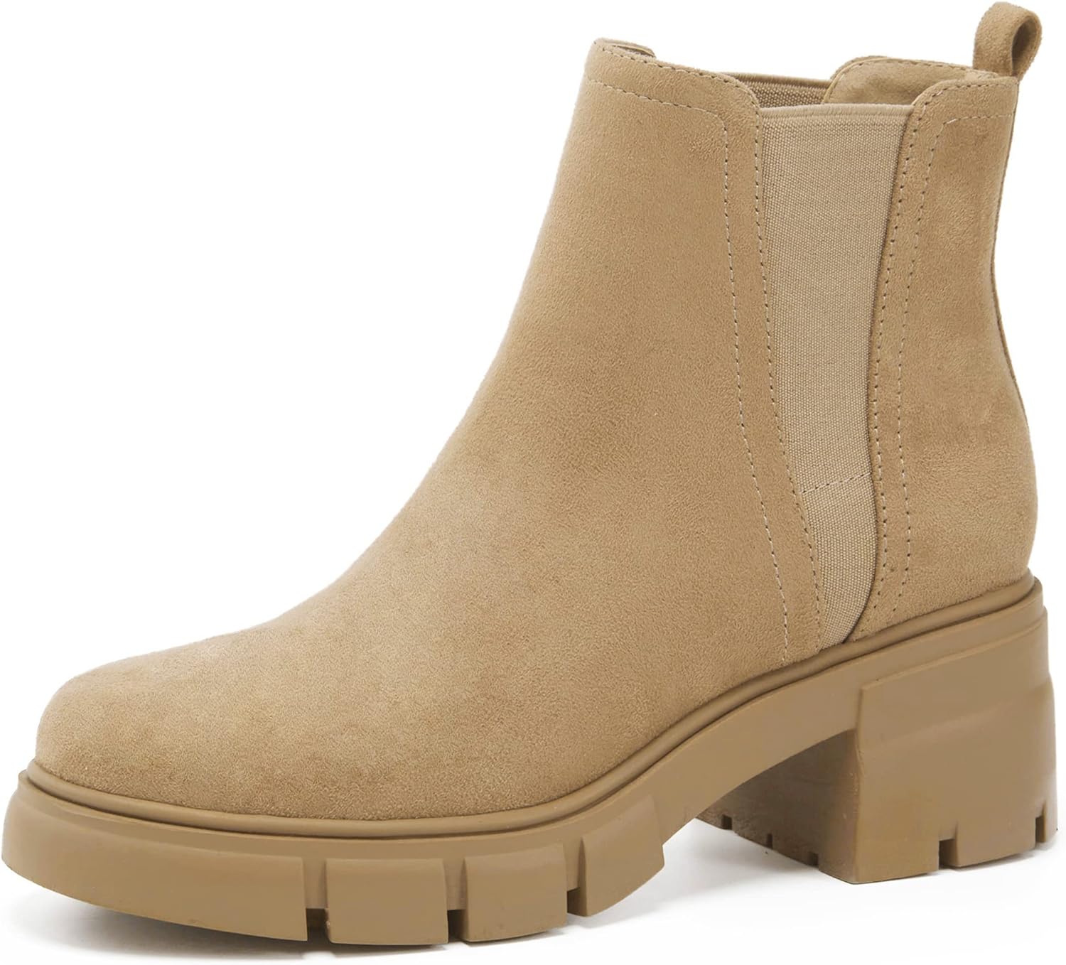 REDTOP レディース チェルシーブーツ 伸縮性 チャンキーブロックヒール プラットフォーム ラグソール アンクルブーツ, ベージ