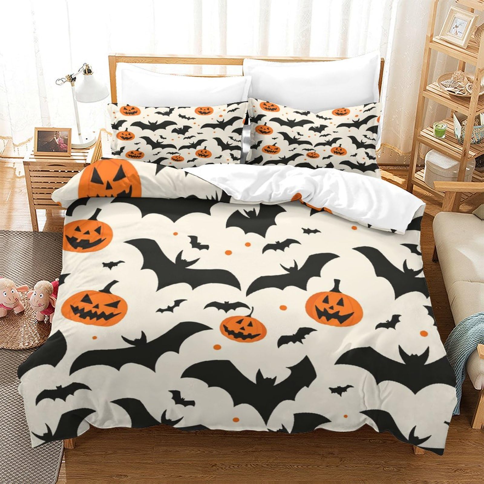 P1S9U7W5Y 3D Printed Halloween Bat Pumpkin Duvet Cover Set 3pcs Microfiber Halloween Bedding Set Single
