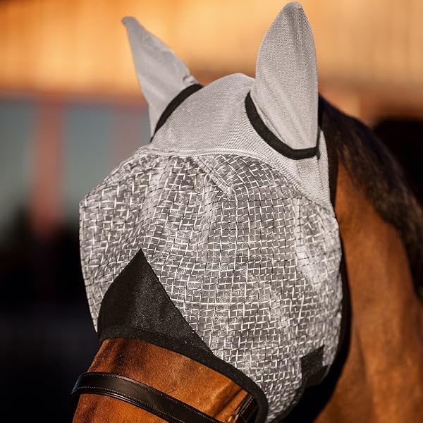 Covalliero Máscara antimoscas con protección auditiva, máscara para caballo, gris claro, pony, con protección UV, relleno de vellón - 2