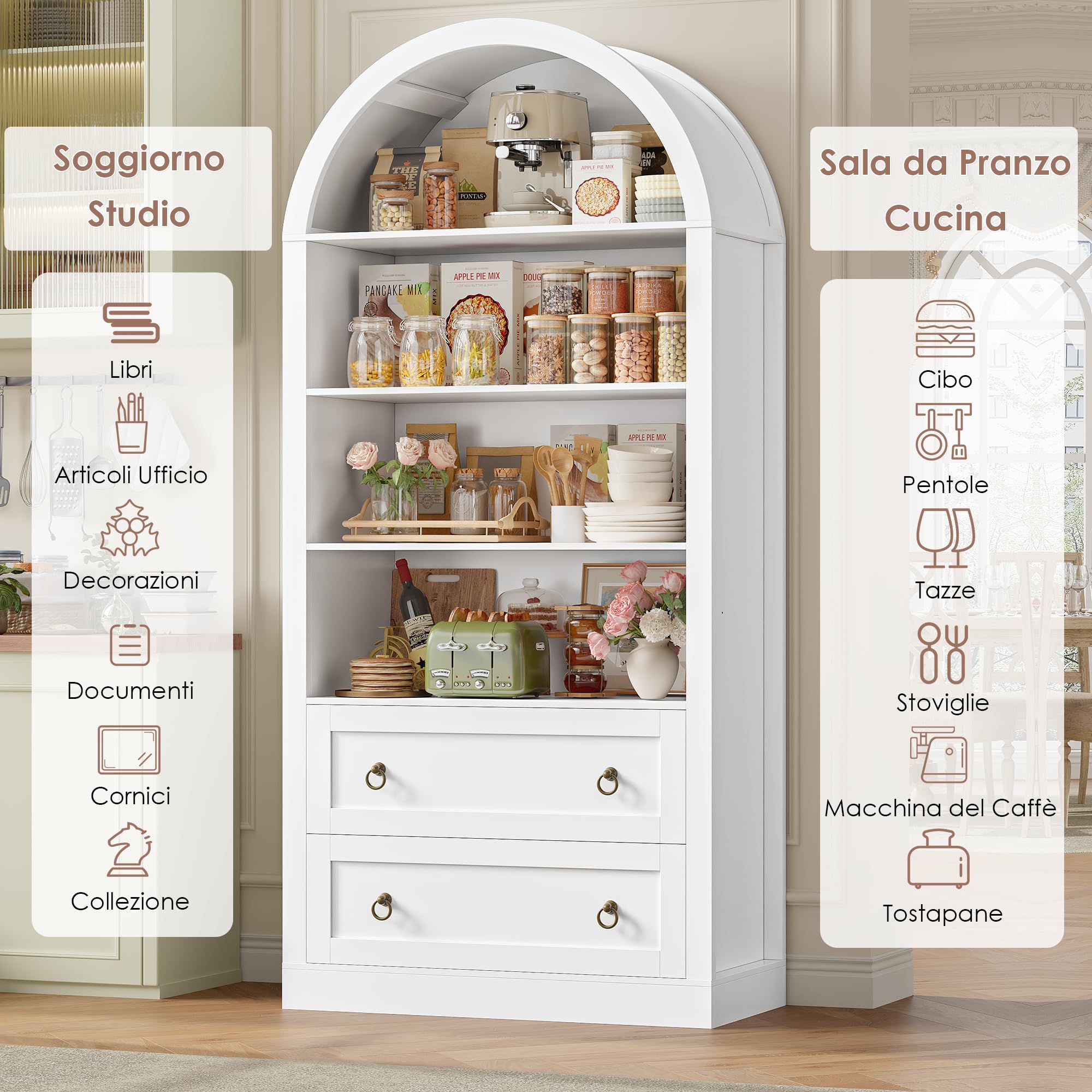 FirFurd 177 cm Libreria Verticale, Libreria ad Arco a 2 Cassetti, Vetrina Espositiva con 4 Scomparti Aperti, Scaffale ad Arco, per Soggiorno, Studio, Ufficio, Cucina, 79,5x36x177 cm (Bianco)
