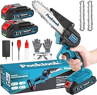Peektook Mini Chainsaw Cordless 6-Inch, Electric Chainsaw Chain Saw with 2 Large Battery and 2 Chains, scie à chaîe à batterie Light Weight Battery Chainsaw with Powerful Motor for Tree Trimming