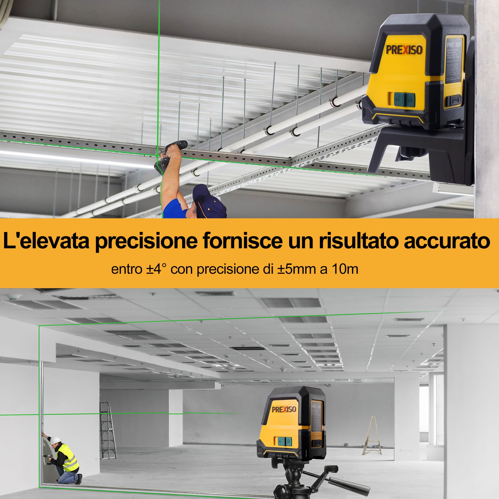PREXISO Laser a Linee, Livella a Linea Laser, Livella Autolivellante, Laser a Linea Verticale/Orizzontale, Laser Verde con 3 Modalità, Livella Laser Professionale con Supporto Magnetico e Treppiede