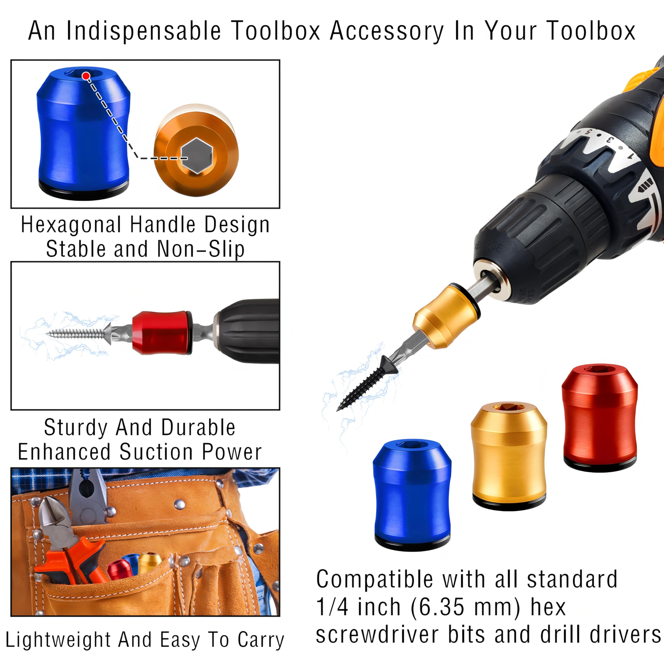 3PCS Magnetic Screw Ring,1/4"(6.35 mm) Universal Magnetic Screw Holder,Removable Magnetic Bit Holder,Screwdriver Head Magnetic Ring,Magnetic Drill Bit Holder for Hex Screwdriver and Power Bits — Amazon image 7