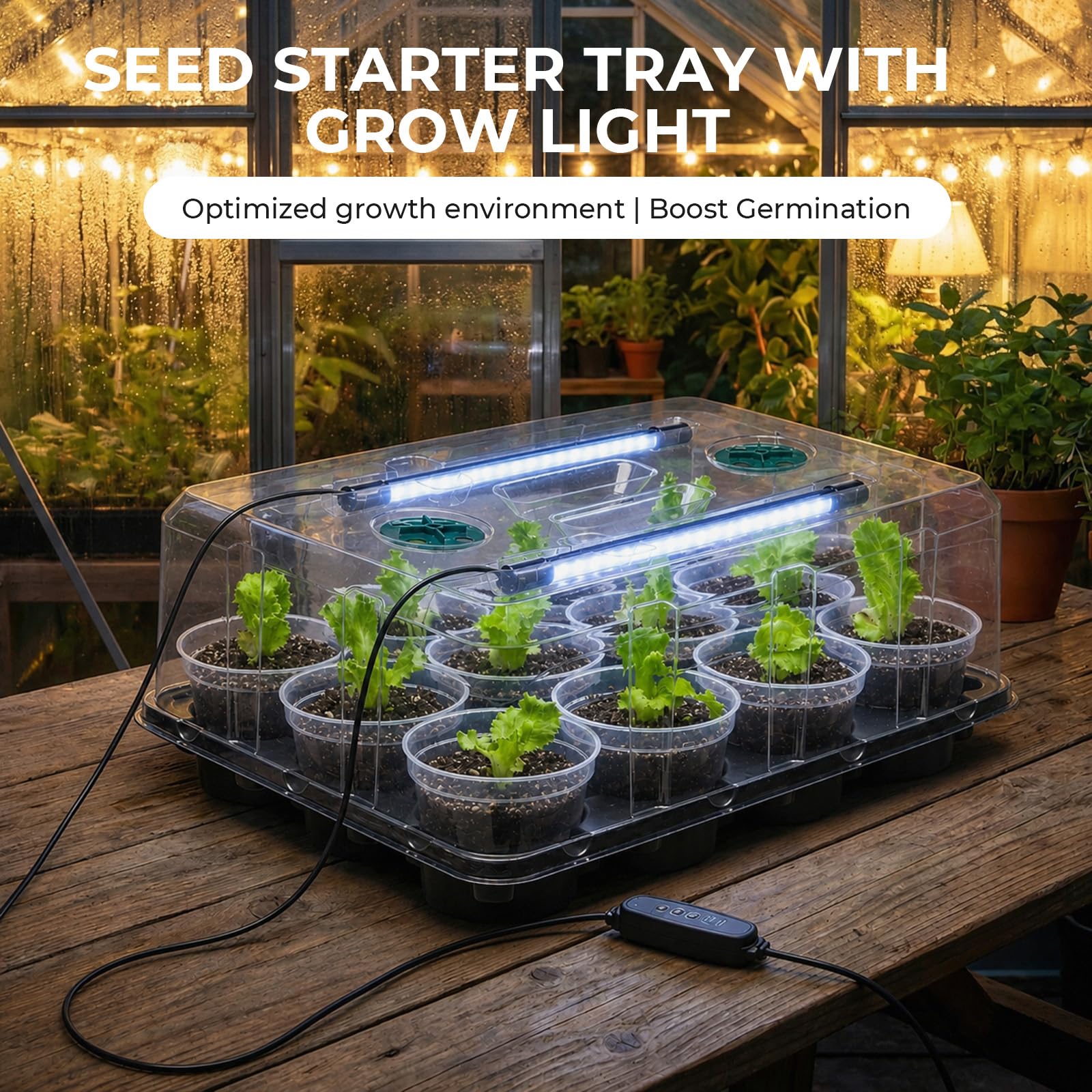 homenote Lot de 2 plateaux de démarrage de graines de 10,2 cm, 12 cellules | Avec lampe de croissance, dôme d'humidité, 24 pots de pépinière de 10,2 cm, kit de germination en plastique