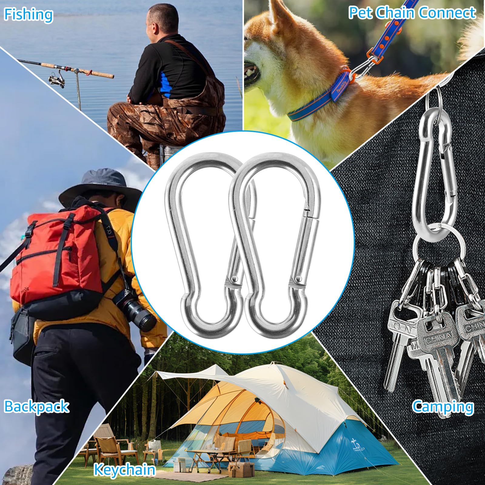 Mosquetones de Acero Inoxidable 304, 8 Piezas M10 10x100mm, Gran Capacidad 600 kg/1200 LB, Mosquetón Grande para Camping, Senderismo