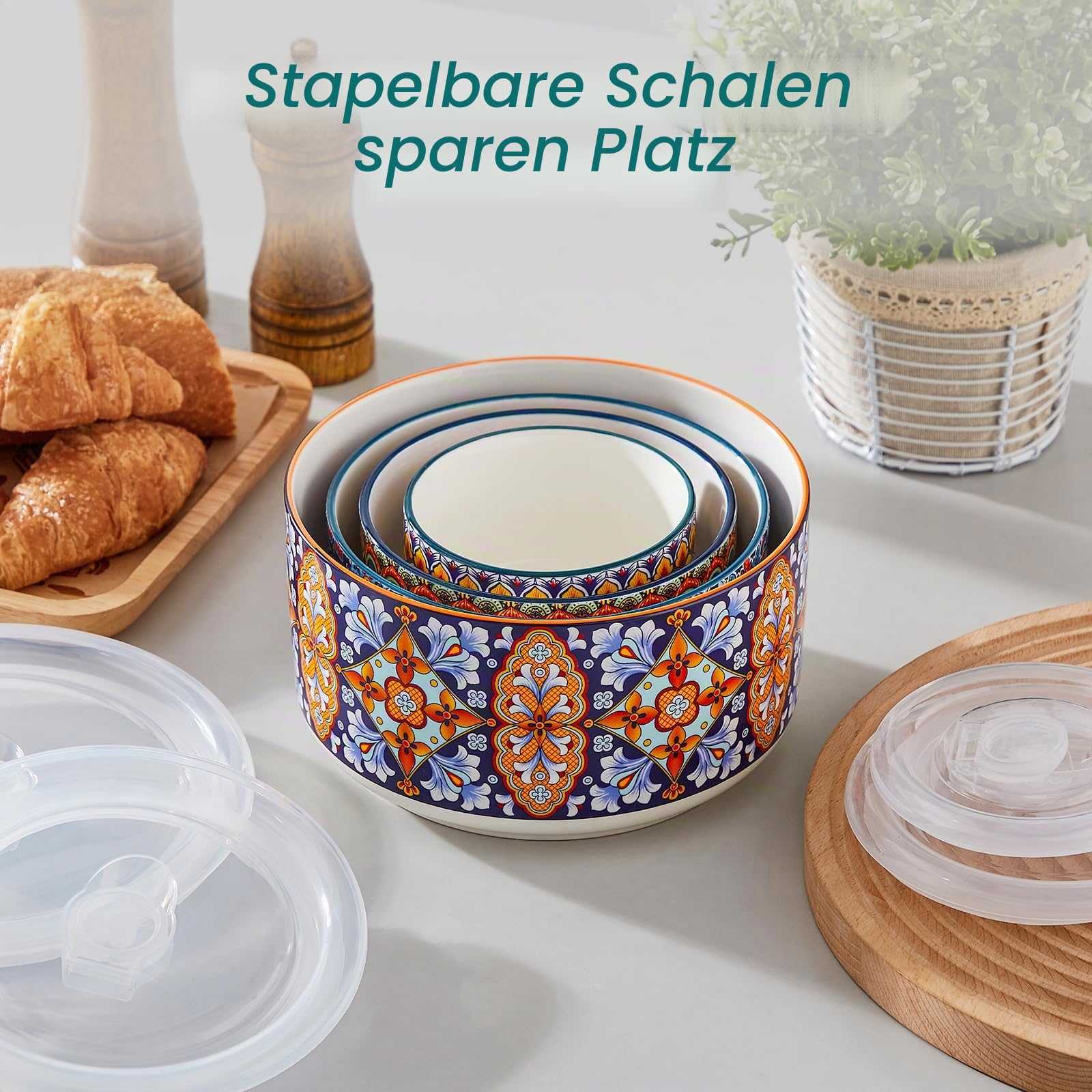 vancasso Suppenschüssel Set 4er, SIMI Salatschüssel mit Deckel, Keramikschüssel mit Deckel, Suppenschalen, Müslischale für Mittagessen, Picknick, Küche, Servierschalen