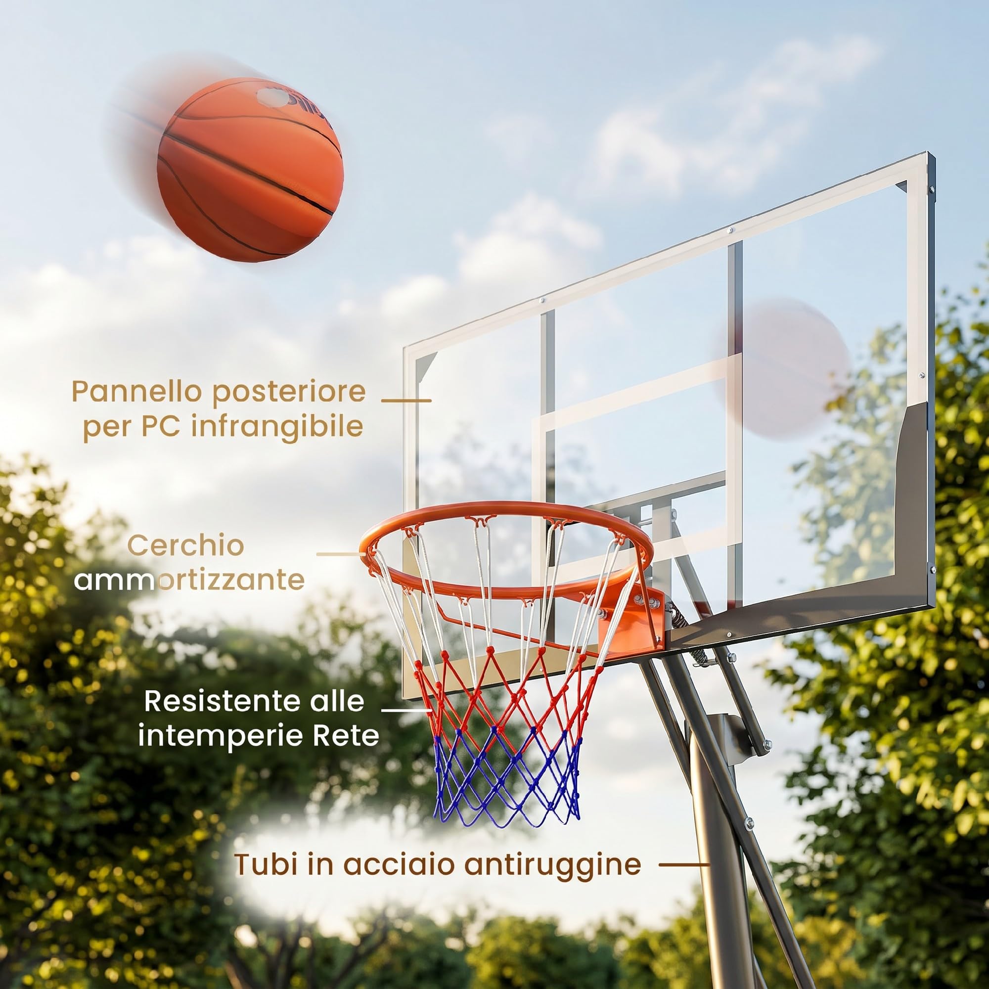 SPORTNOW Canestro Basket Regolabile per Adulti Altezza 2.45-3.05 m, Supporto da Basket Portatile con Ruote, Base Riempibile, Sistema Ritorno, Tabellone Antishock, Uso Interno ed Esterno, Nero