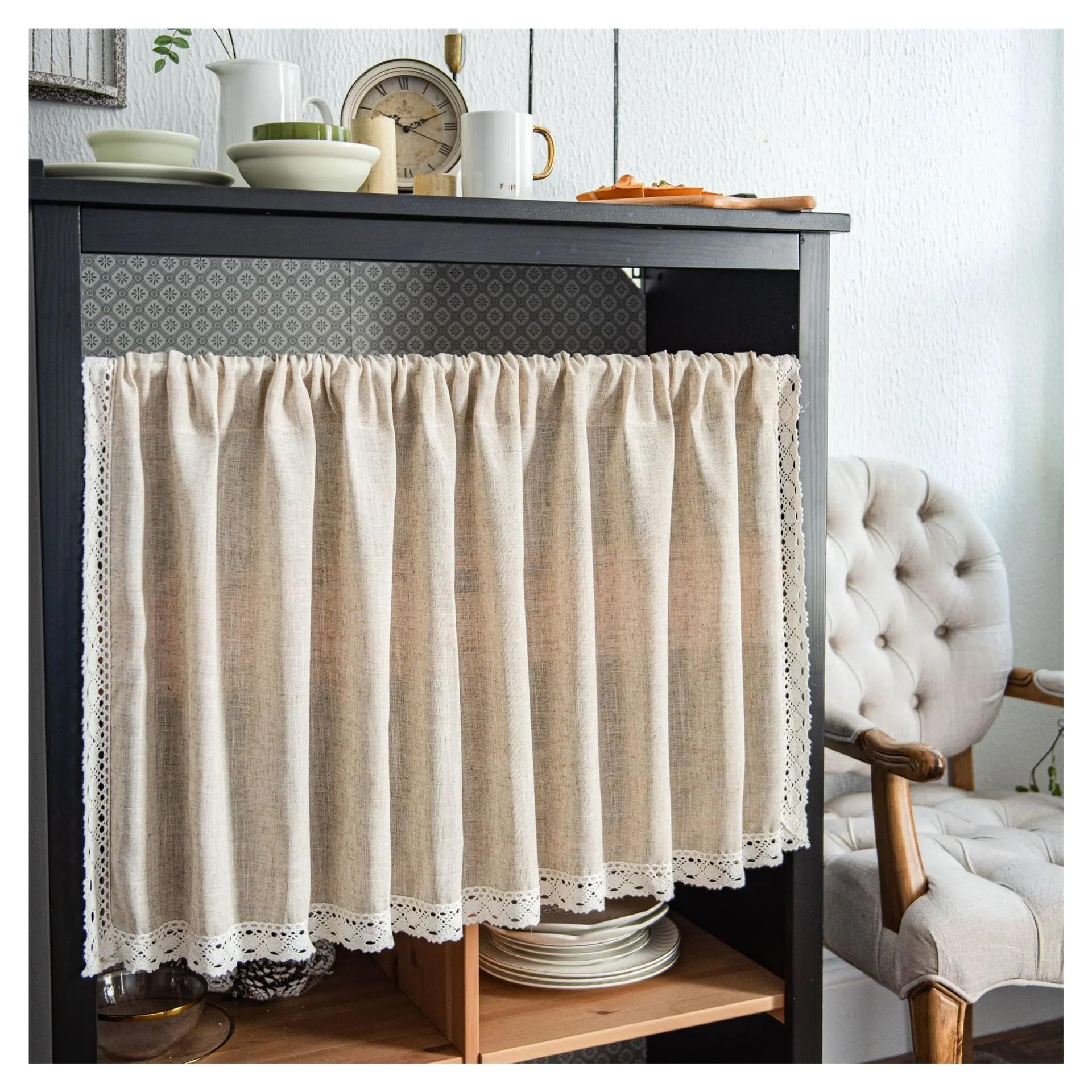 AIQIJOHI Short Curtains Tassels Short Curtain for Home Kitchen Bedroom Bay Window Cabinet Flax Fabric Bookshelf dust curtain(Lace,W150xH90cm)