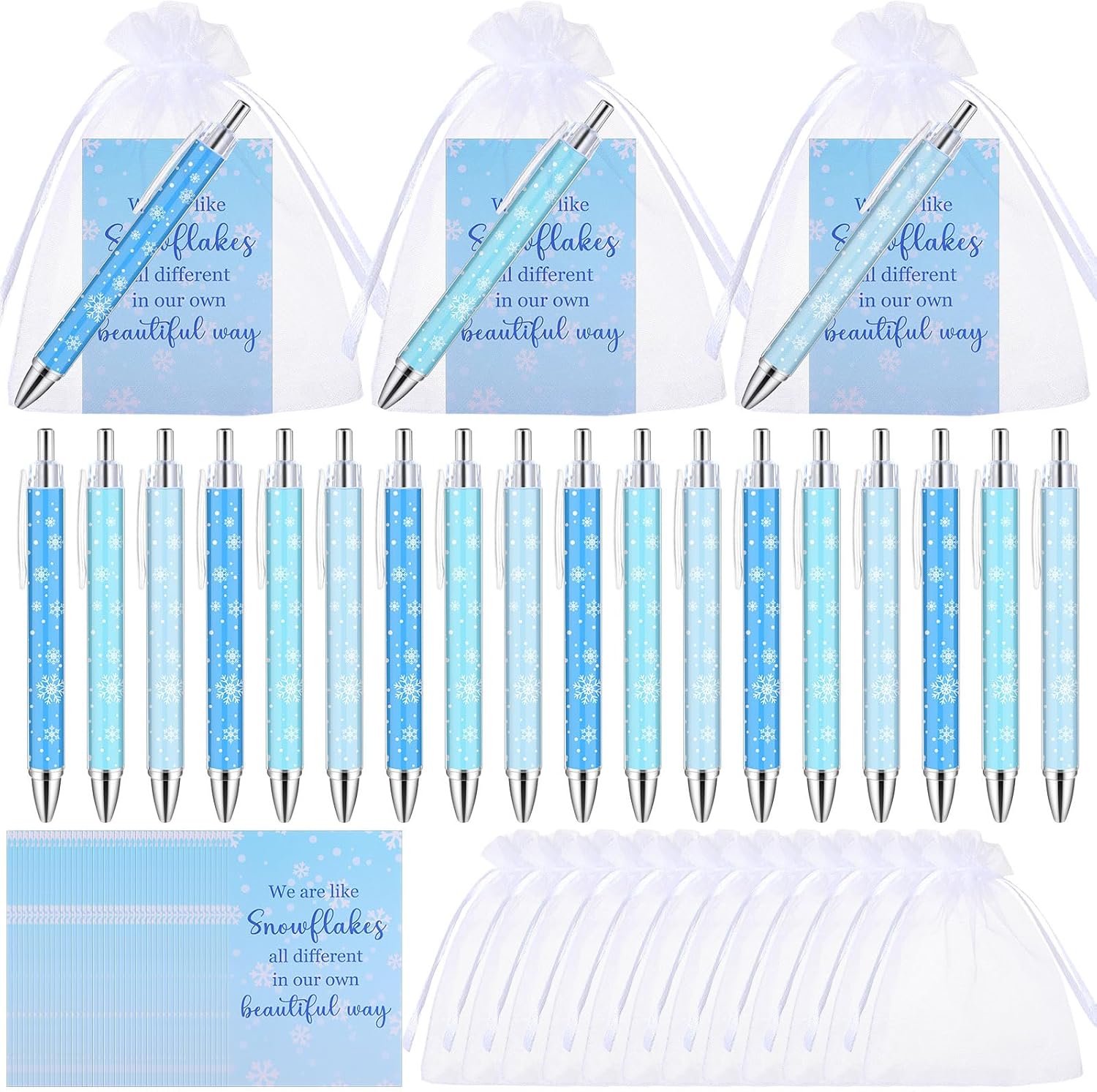 Sayglossy 48 Sets Winter Snowflakes Ballpoint Pens Bulk Winter Party Favor Gifts with Inspirational Quote Cards Motivational Snowflake Ink Pen for Employee Appreciation Gift Office Supply