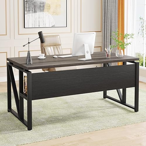 Miniatura 67 de Tribesigns Escritorio simple para computadora de 55 pulgadas, mesa de escritorio de oficina en casa para estación de trabajo, nogal oscuro + patas