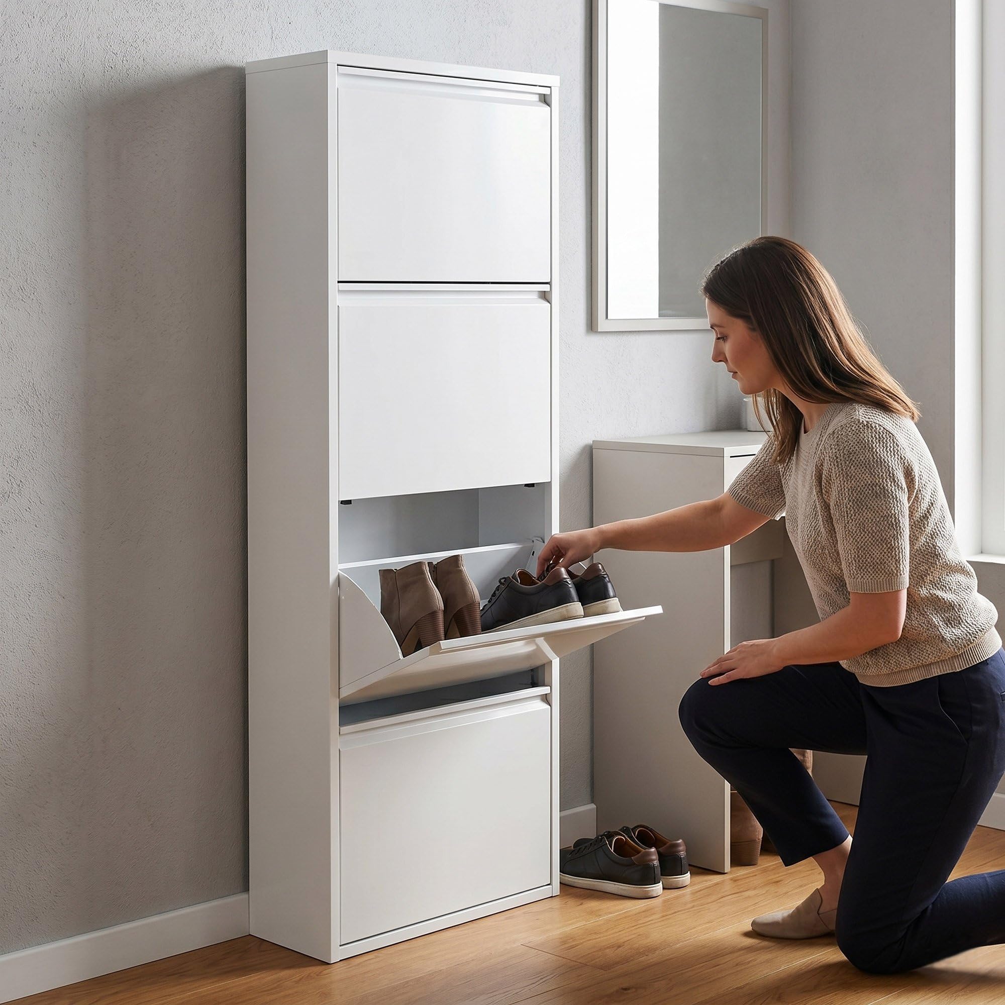 Mueble Zapatero Estrecho para Recibidor y Pasillo – Armario Zapatero Abatible de 4 Puertas con Balda Ajustable, Capacidad 8 Pares, Sistema Antivuelco y Diseño Slim (13,5 x 50 x 136,5 cm), color Blanco