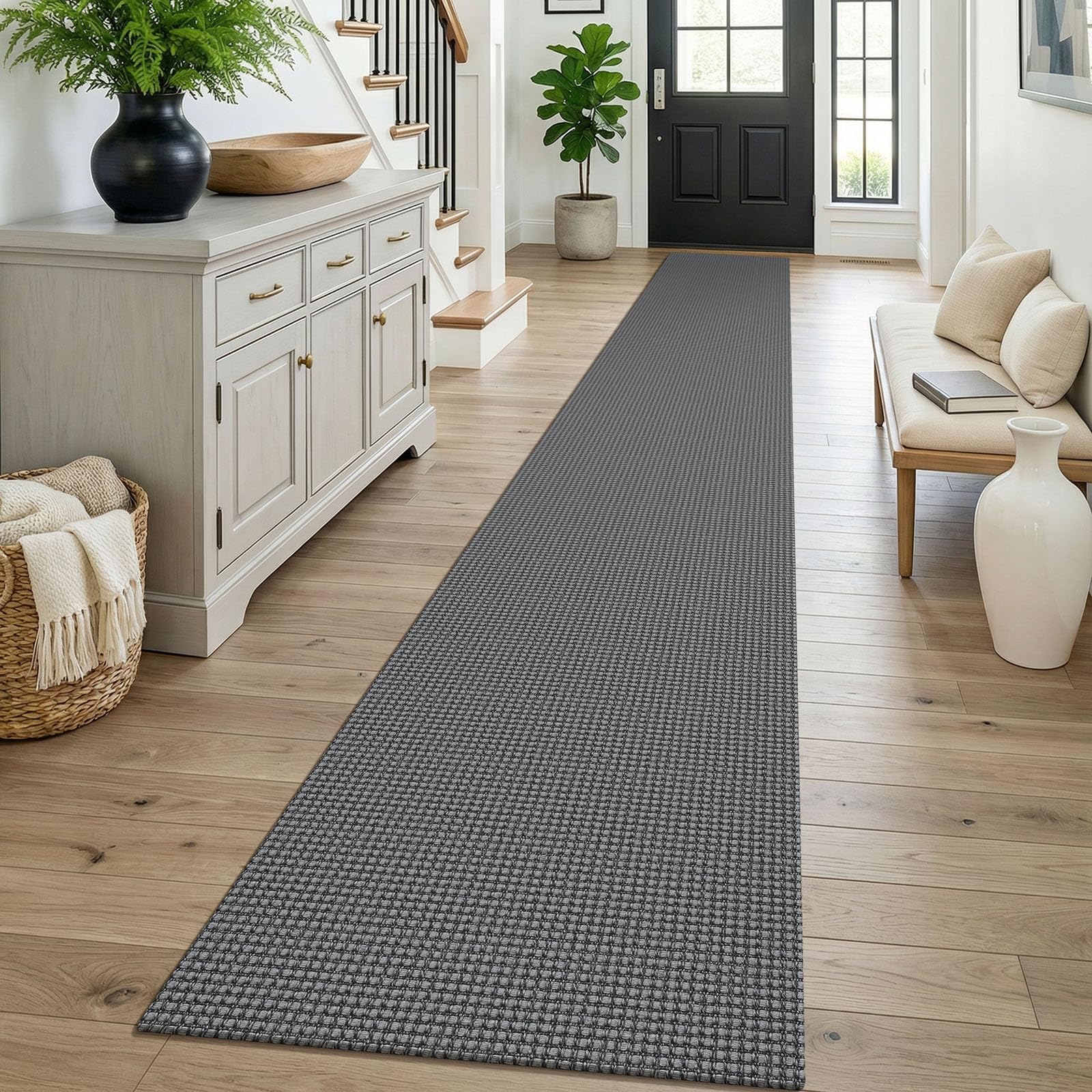 KOZYFLY Braided 2x16 Runners Rugs for Hallway, Extra Long Washable Runner Rug, Woven Non Slip Kitchen Runner, Cotton Entryway Rug, Floor Carpet for Entry, Aisle, Hall, Grey/Dark Grey — image 1