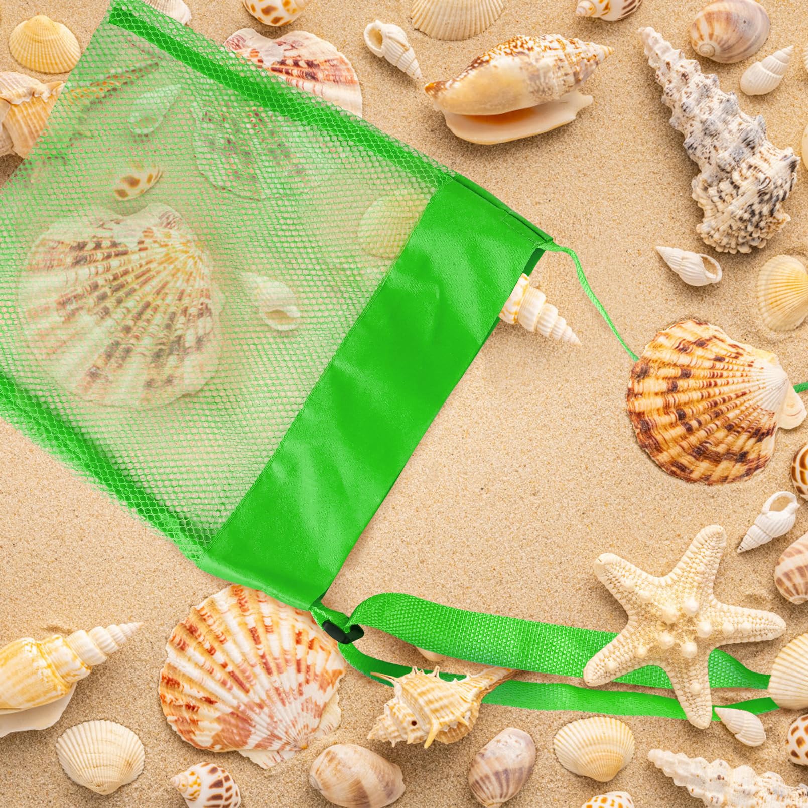 Luwint Mesh Beach Bag 10” x 11” Sea Shell Bag with Adjustable Strip Lightweight Shell Collecting Bag for Boys Girls (Green)