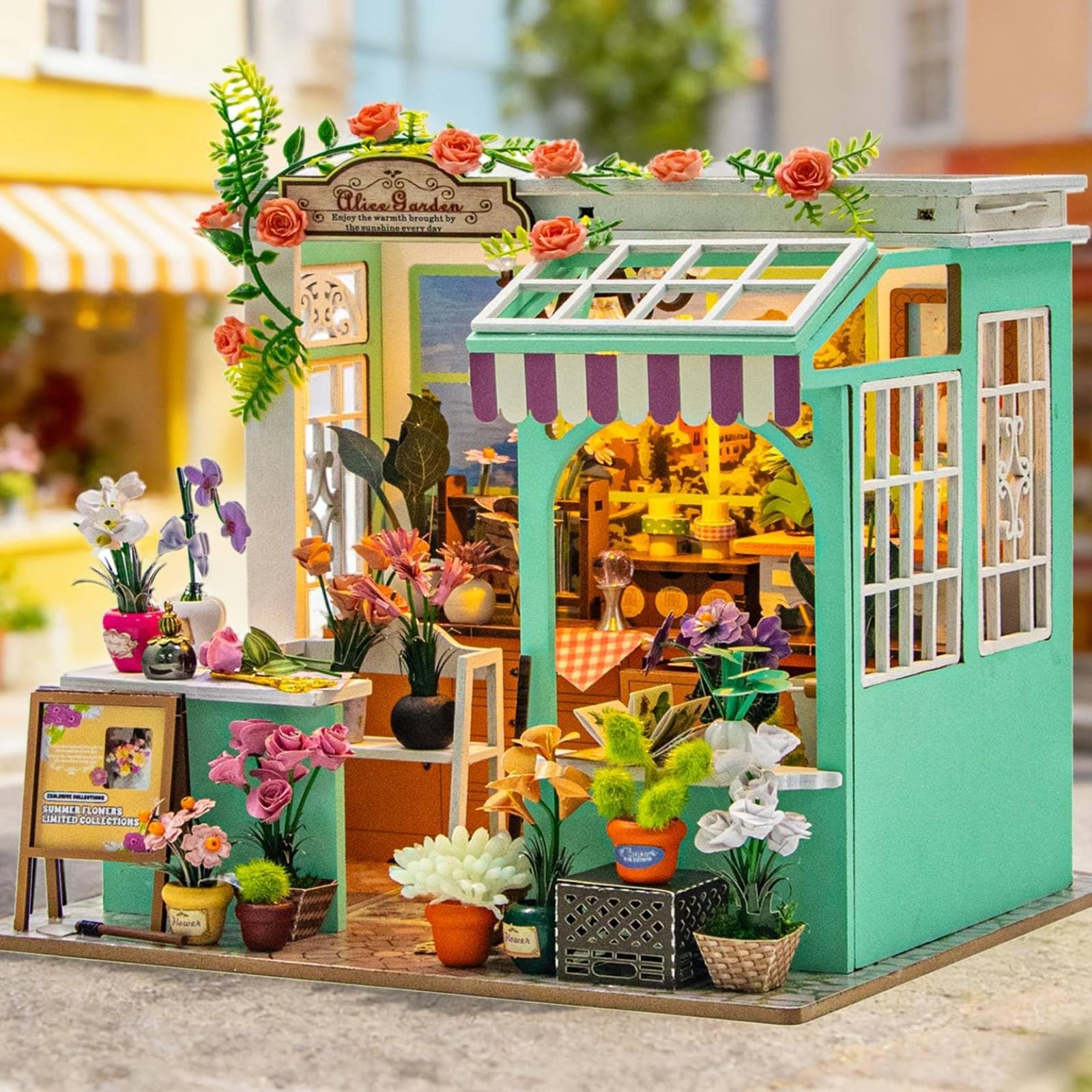 Figurine Casa in Miniatura Kit Modello Casa Bambole Boutique Fiori in Legno con Musica O Registrazioni da Smartphone Adatta a, Inglese