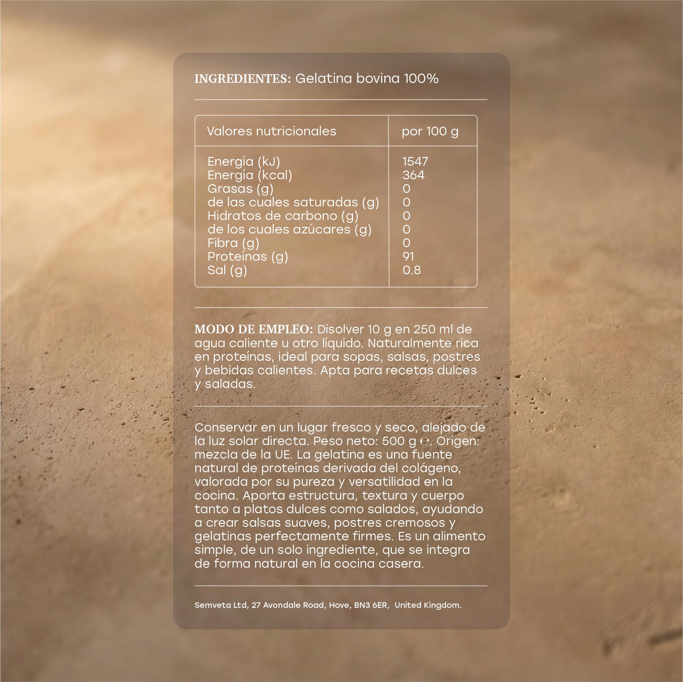 Gelatina Bovina 500 g - Polvo De Colágeno Natural Para La Salud De Los Huesos Y El Sistema Digestivo - Gelatina De Vaca En Polvo - Estabilizante Alimentario Para Cocina, Caldos Y Guisos