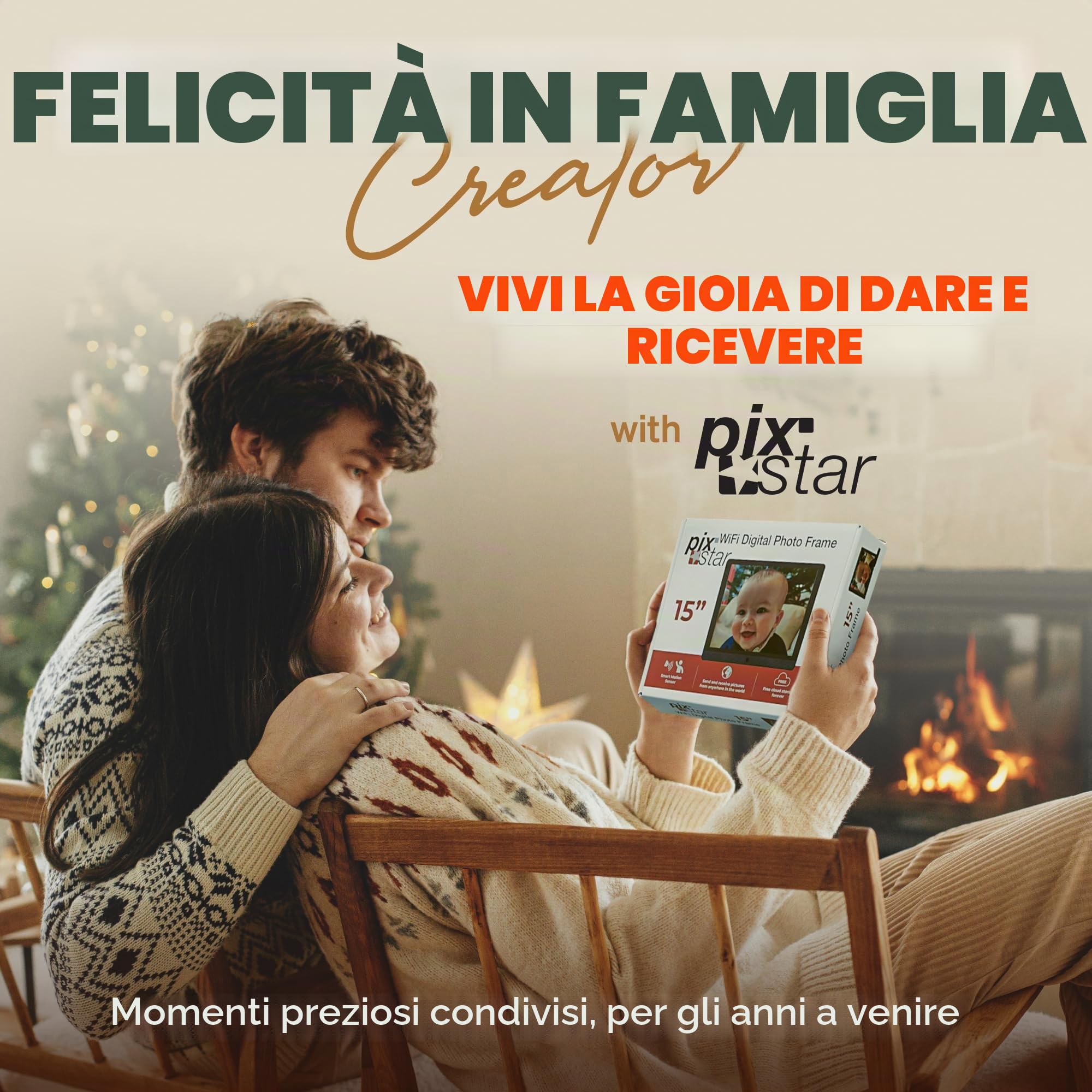 Cornice digitale WiFi da 15 pollici Pix-Star con indirizzo e-mail e archiviazione cloud gratuita | Regalabilissima per i nonni | display IPS | Sensore di movimento | Semplice installazione