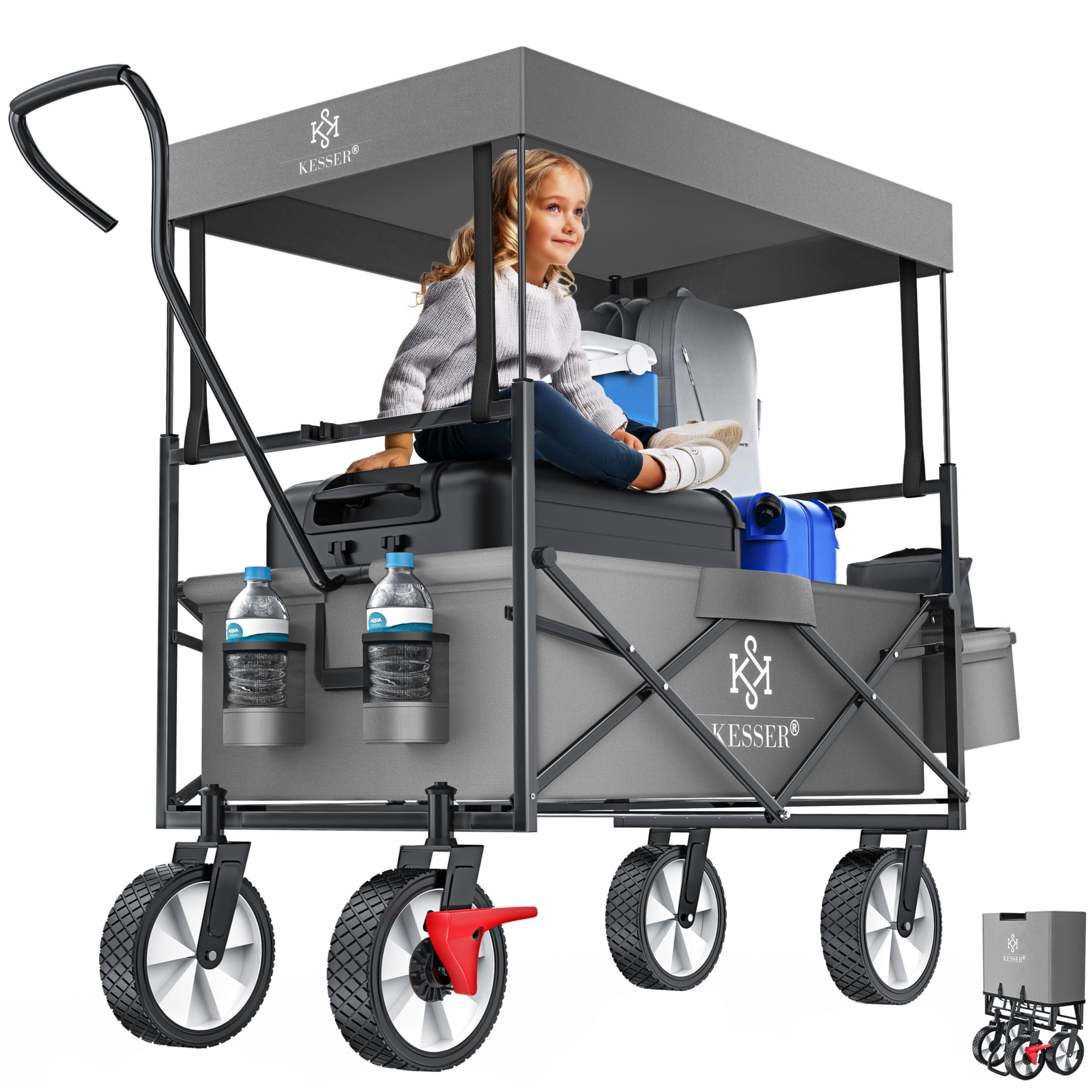 KESSER® Carro Plegable con Techo | Carrito de Jardín con 2 Bolsillos de Red y uno Exterior con Freno en la Rueda Delantera | Ruedas de Goma | hasta 100 kg de Capacidad | Gris