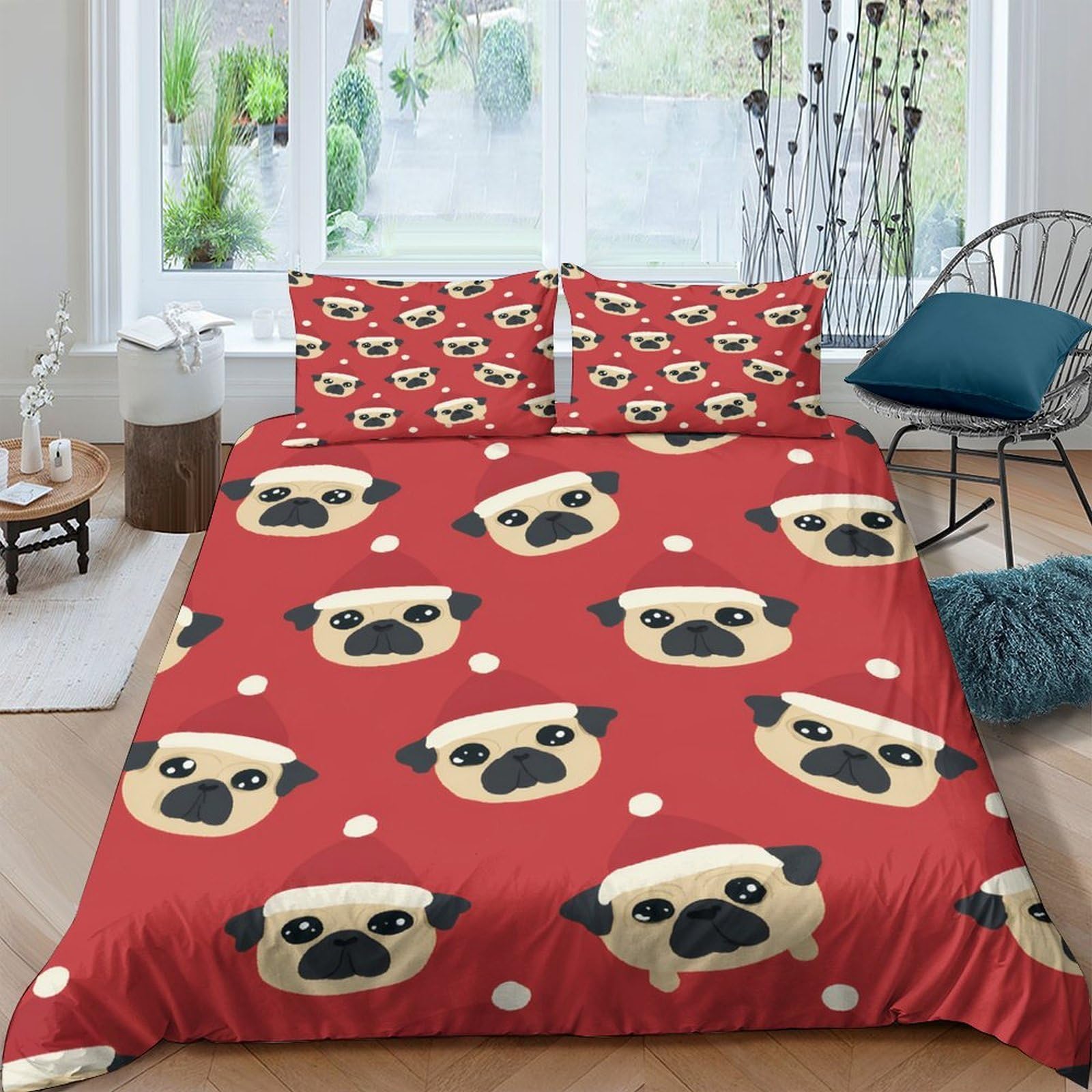 P5V6M1Q9 3D Printed Pug Dog Pattern Duvet Cover Microfiber Red Cartoon Bedding Set with 2 Pillowcases for Bedroom Decor Single（135x200cm）