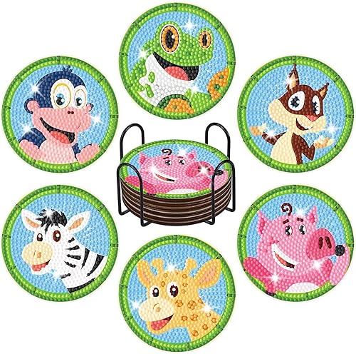 FOWSEEK 6 posavasos con diseño de animales de dibujos animados, bonitos posavasos de pintura de diamantes con soporte, kits de pintura de diamantes FOWSEEK 6 posavasos con diseño de animales de dibujos animados, bonitos posavasos de pintura de diamantes con soporte, kits de pintura de diamantes