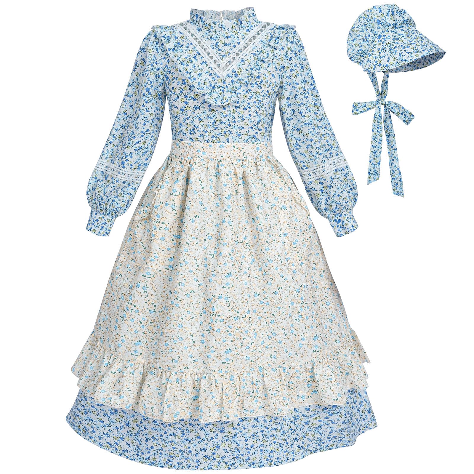 FCCAM Prairie Colonial Dress Girls Long Sleeve Pioneer Dress Costume Floral Pioneer Girl Laura Ingalls Wilder Blue XL