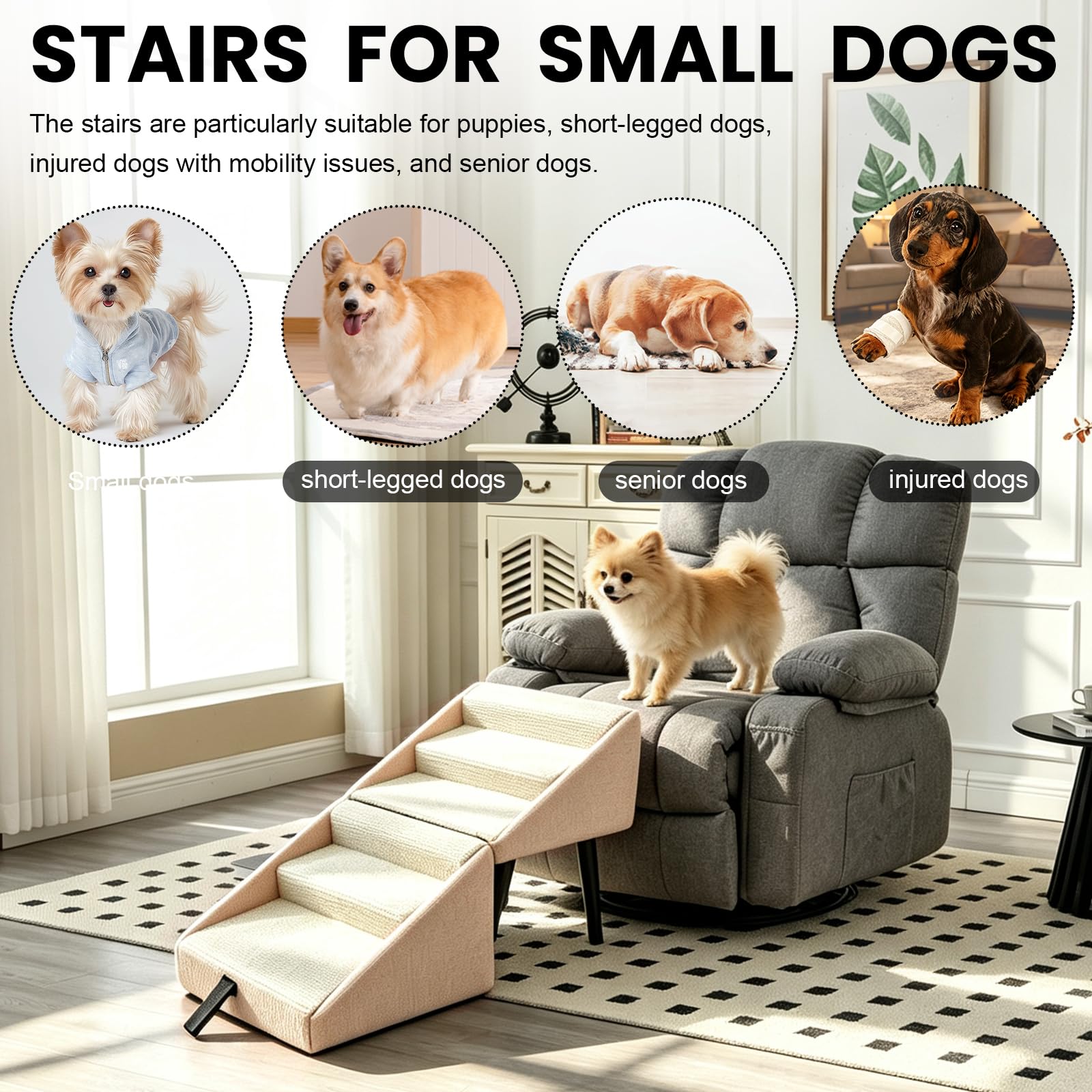 Escalera para Perros Plegable, 2 en 1 Multifuncionales Rampa para Perros y Otomana, Antideslizante Escaleras y Escalones para Pequeños, Soporta Fácil Acceso a Camas y Sofá