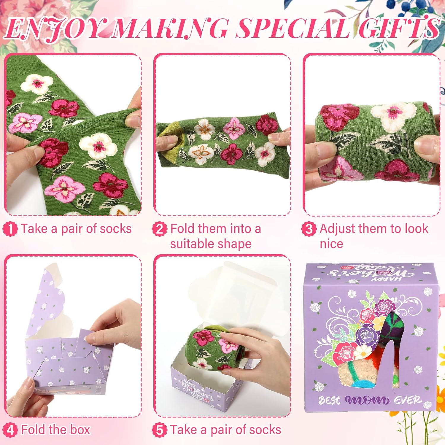 Glitopper 24 Sets Mother's Day Socks Bulk with Gift Boxes Floral Sock Women Flower Novelty Gifts for Mom Birthday