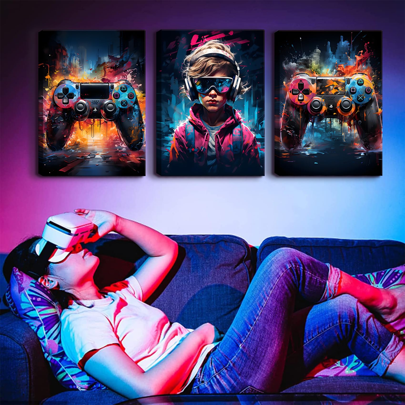 QGNBGBJ Poster con cornice, graffiti, gamepad, decorazione da parete con auricolari, stampa artistica da parete per adolescenti, ragazzi, bambini, giovani, sala giochi, opera d'arte (40,6 x 61 cm)