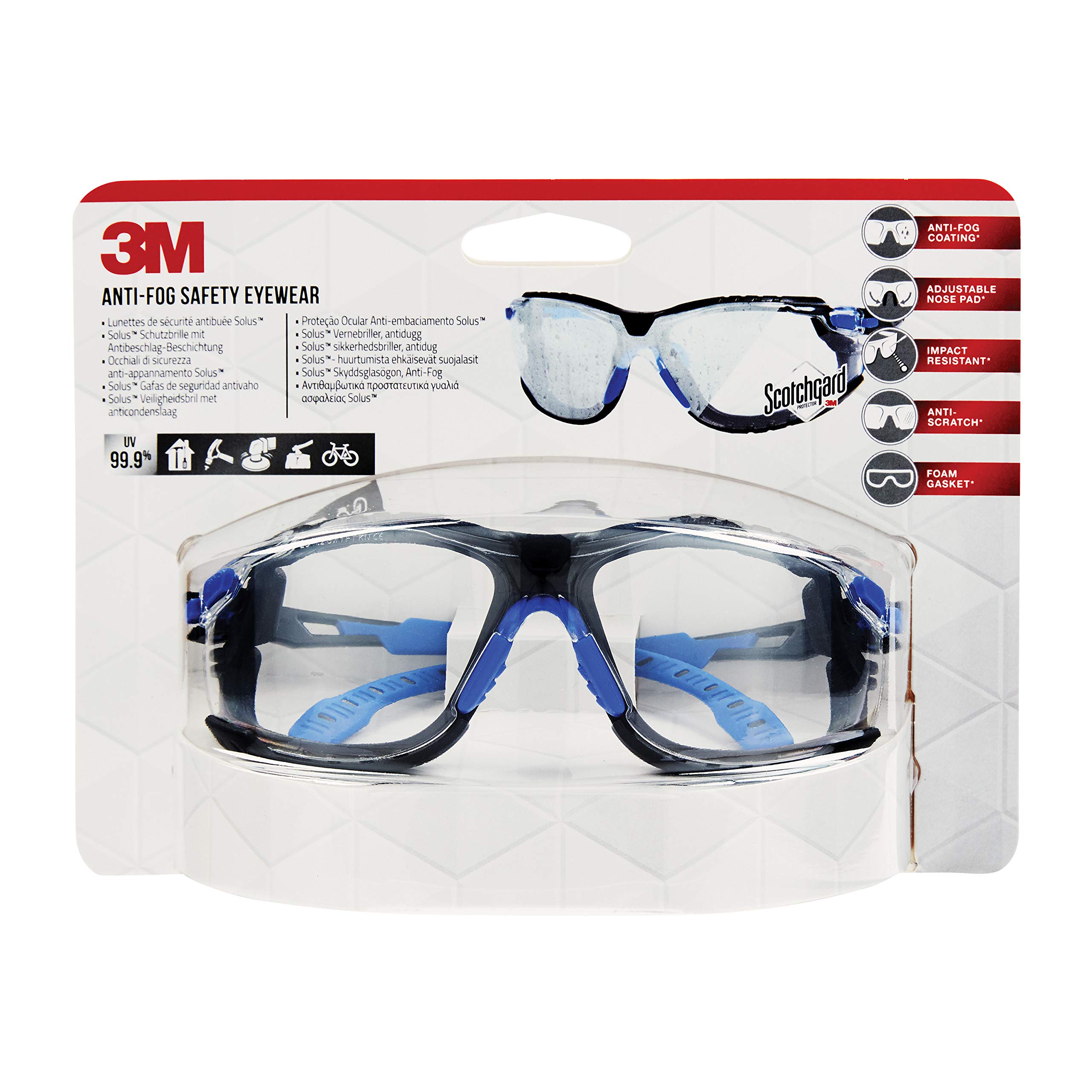 3M Solus 1000 Gafas de seguridad antivaho, montura azul o negra, lente transparente, con bolsa, S1CB