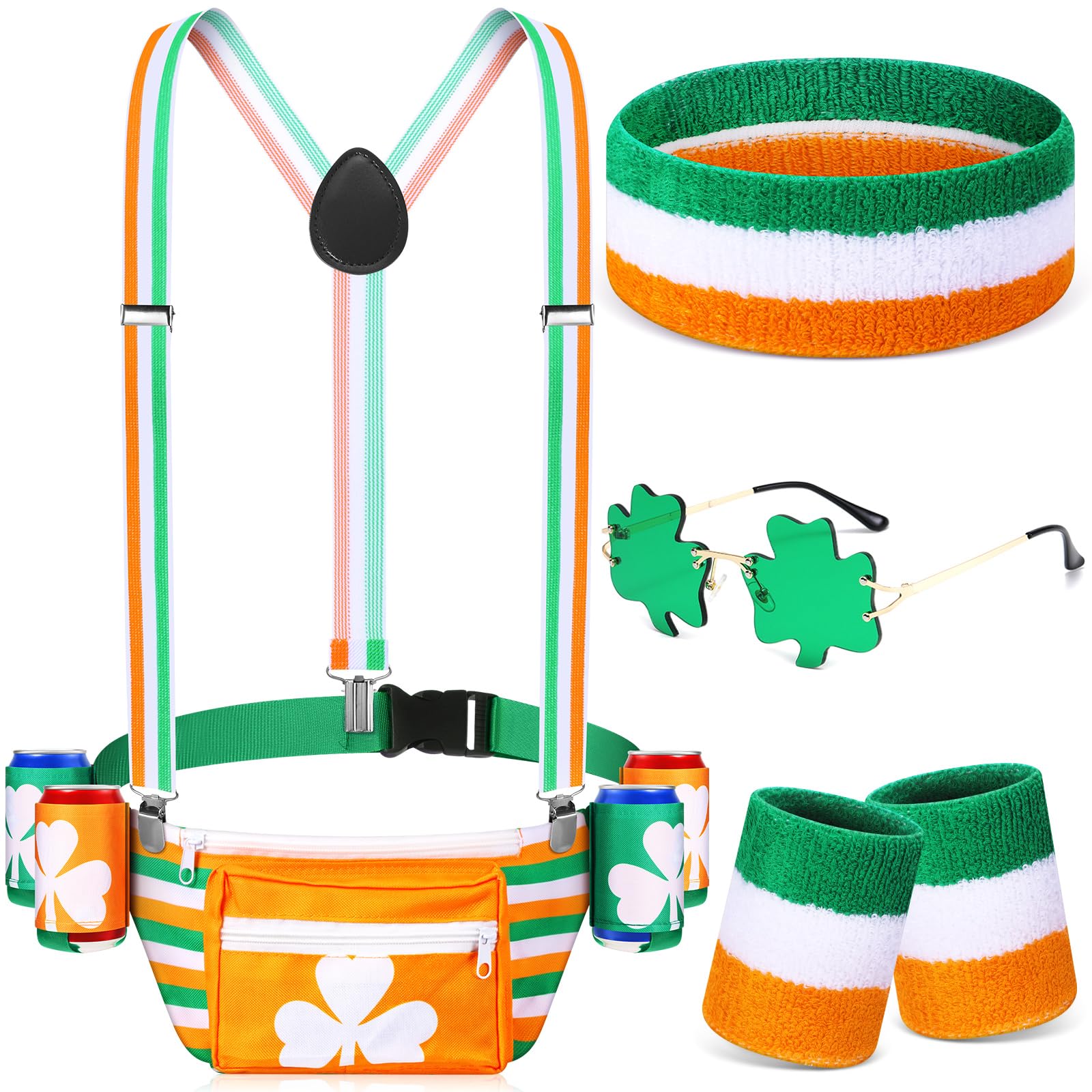 Chunful 10 Pcs St. Patrick's Day Fanny Pack Shamrocks Belt Bag Fanny Pack with Suspenders Drink Holder Wristband Headband