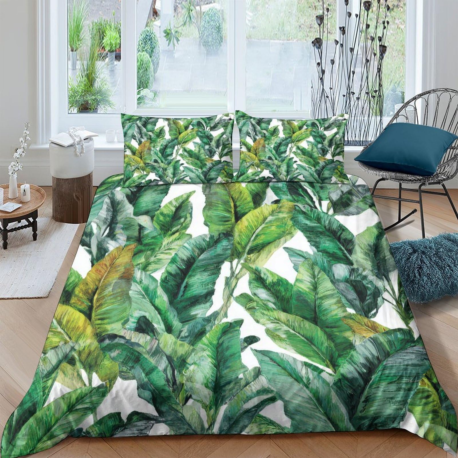 GPLZQXKJNH 3D Printed Tropical Banana Leaf Duvet Cover Microfiber Breathable Green Jungle Bedding Set with 2 Pillowcases for Bedroom Single（135x200cm）