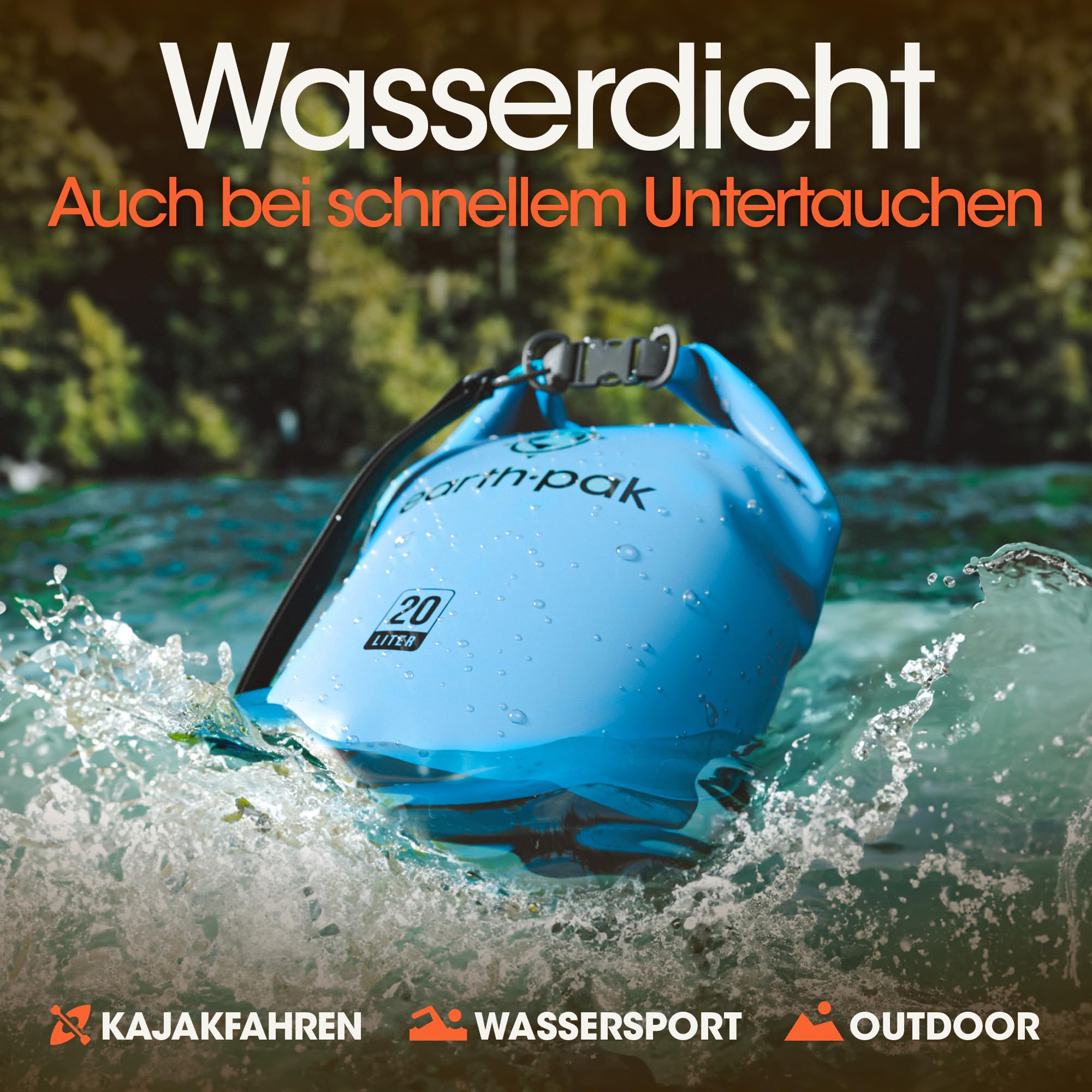Earth Pak – Wasserdichter Packsack mit Schultergurt und wasserfester Handyhülle – Ideale Rolltop Tasche beim Kajak Fahren, Wandern, Camping, Angeln, Bootfahren und Rafting