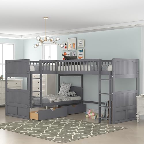 SOFTSEA Twin Over Twin Bunk Bed with Loft Bed Attached, L Shaped Triple Bunk Beds for Kids, Twin Size Wood Bunk Bed Frame with 2 Drawers and Ladder, Gray