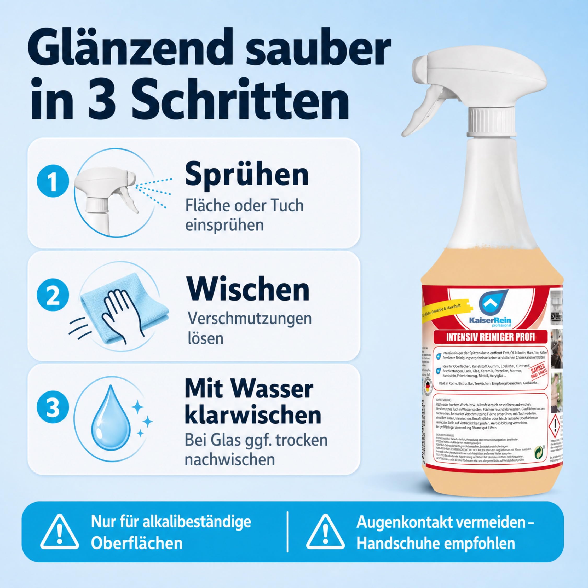 KaiserRein Intensivreiniger Küchenreiniger 3x 1L – Profi Fettlöser Spray – Kraftvolle Reinigung für Küche, Grill, Arbeitsflächen & Edelstahl – Entfernt Fett und hartnäckige Verschmutzungen