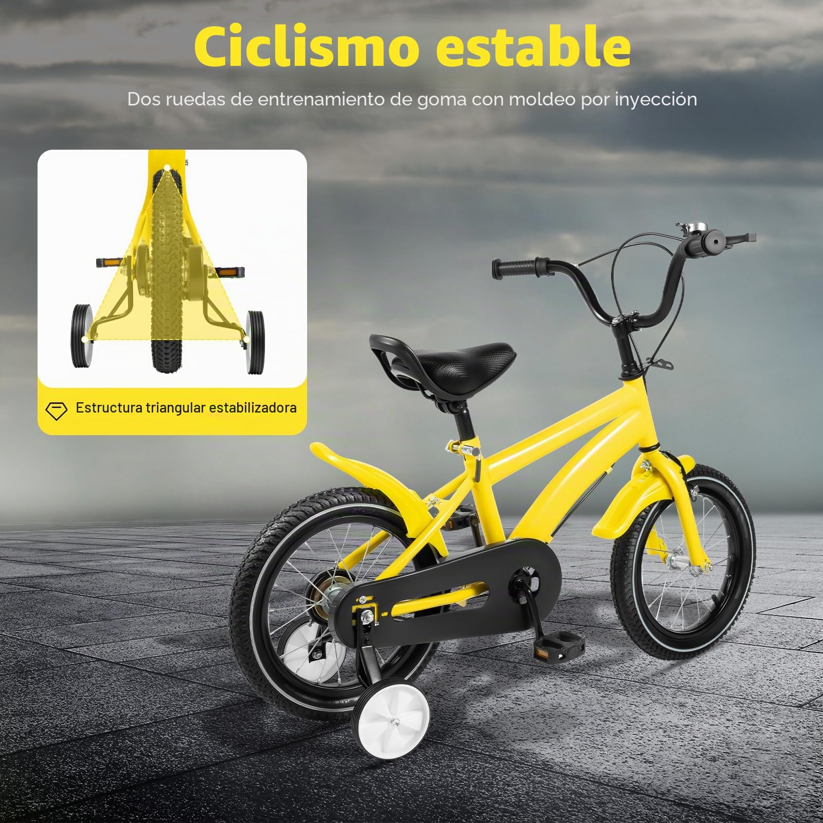 Bicicleta infantil de 14 pulgadas, para niños y niñas de 3 a 6 años, altura regulable, bicicleta para niños con ruedas estabilizadoras y sistema de frenado dual (amarillo)